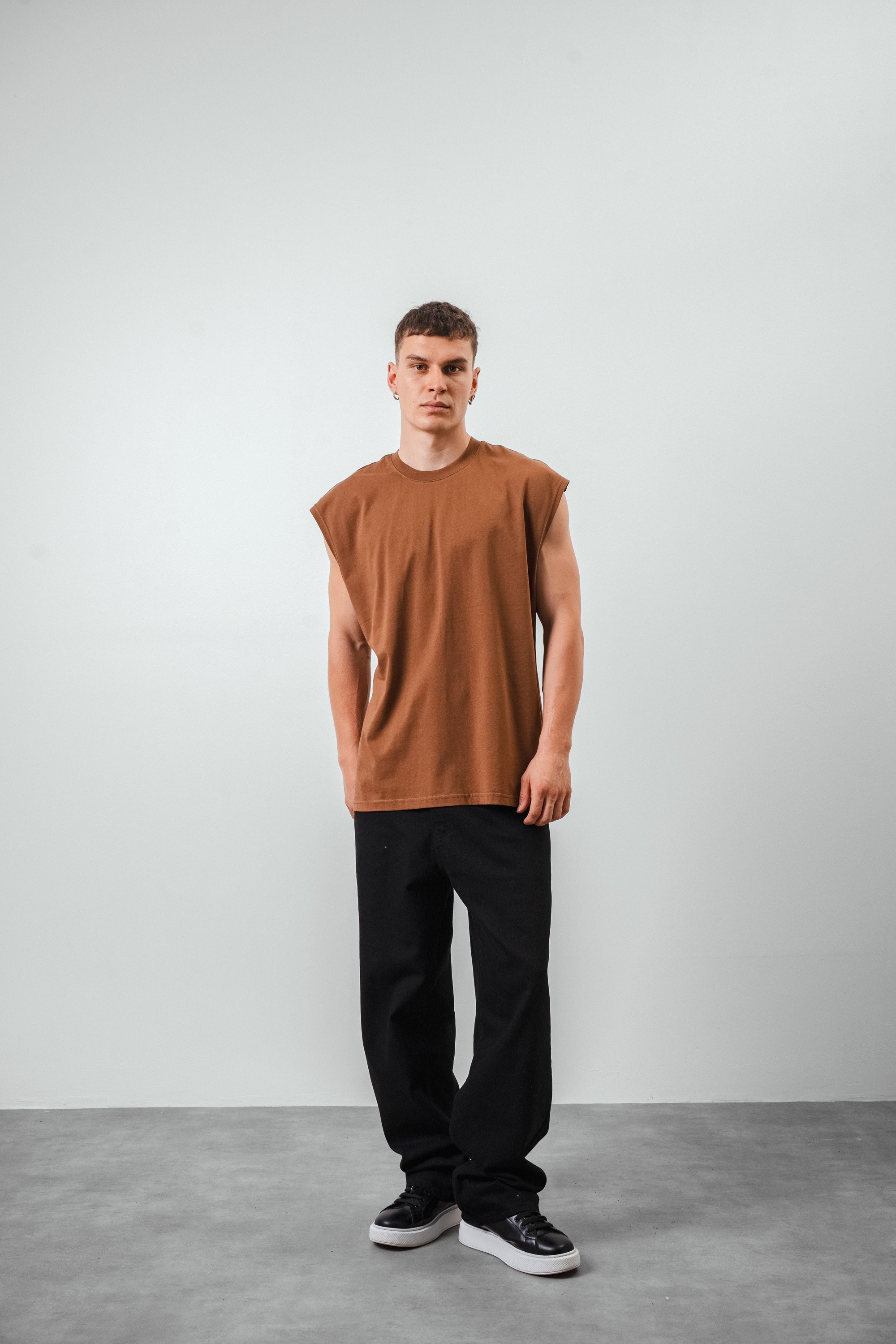 Respire Basic Oversize Sıfır Kol T-Shirt - Kahve