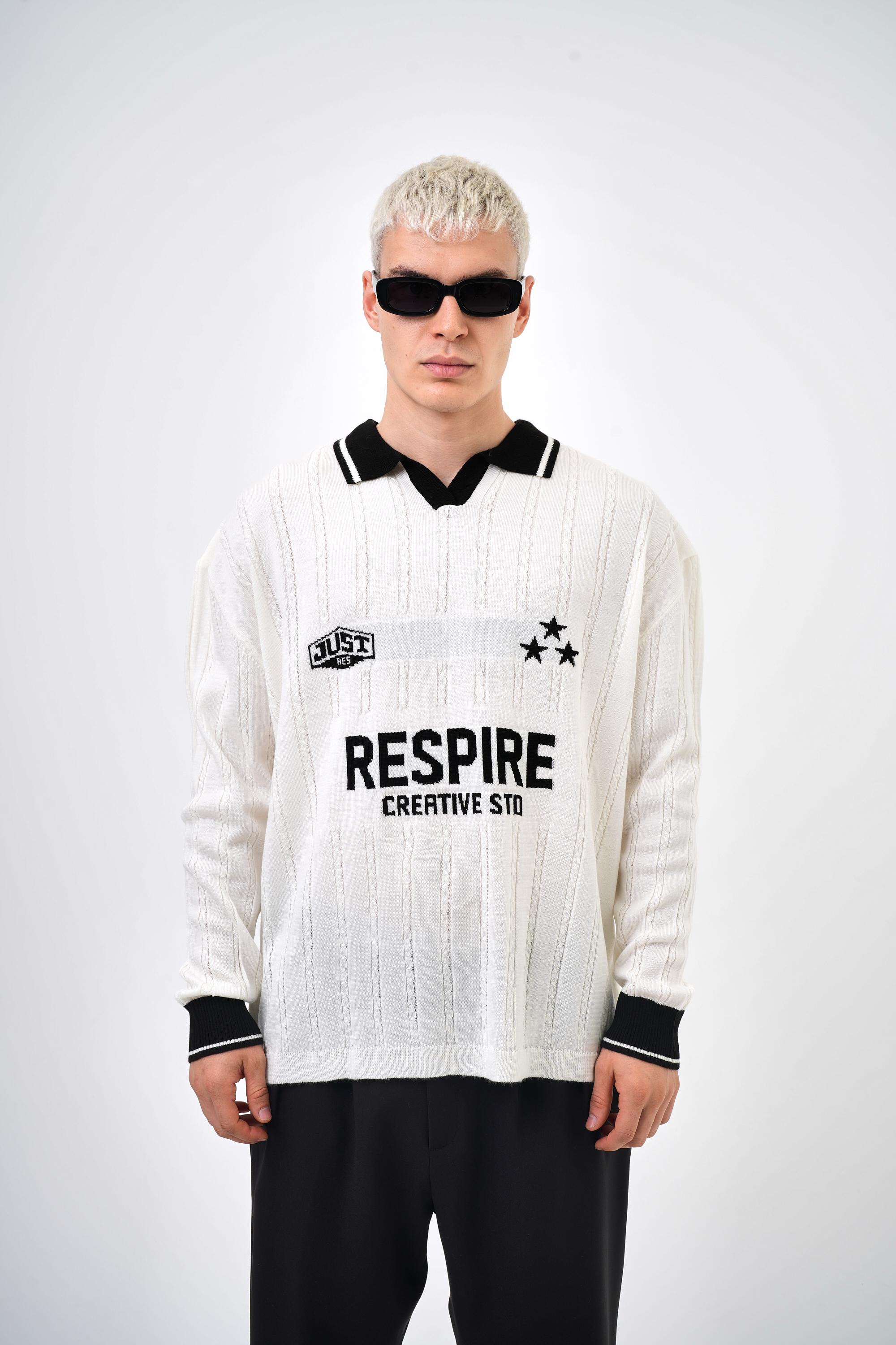 Respire Creatice Std Yazılı Polo Yaka Oversize Triko - Ekru