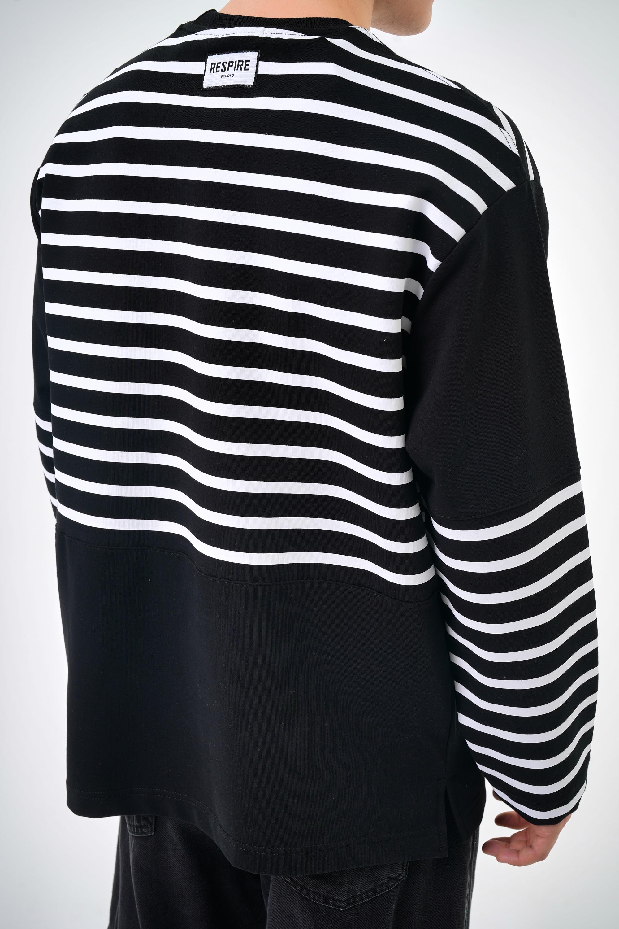 Erkek Overisize Çizgili Striped Sweatshirt   - Siyah