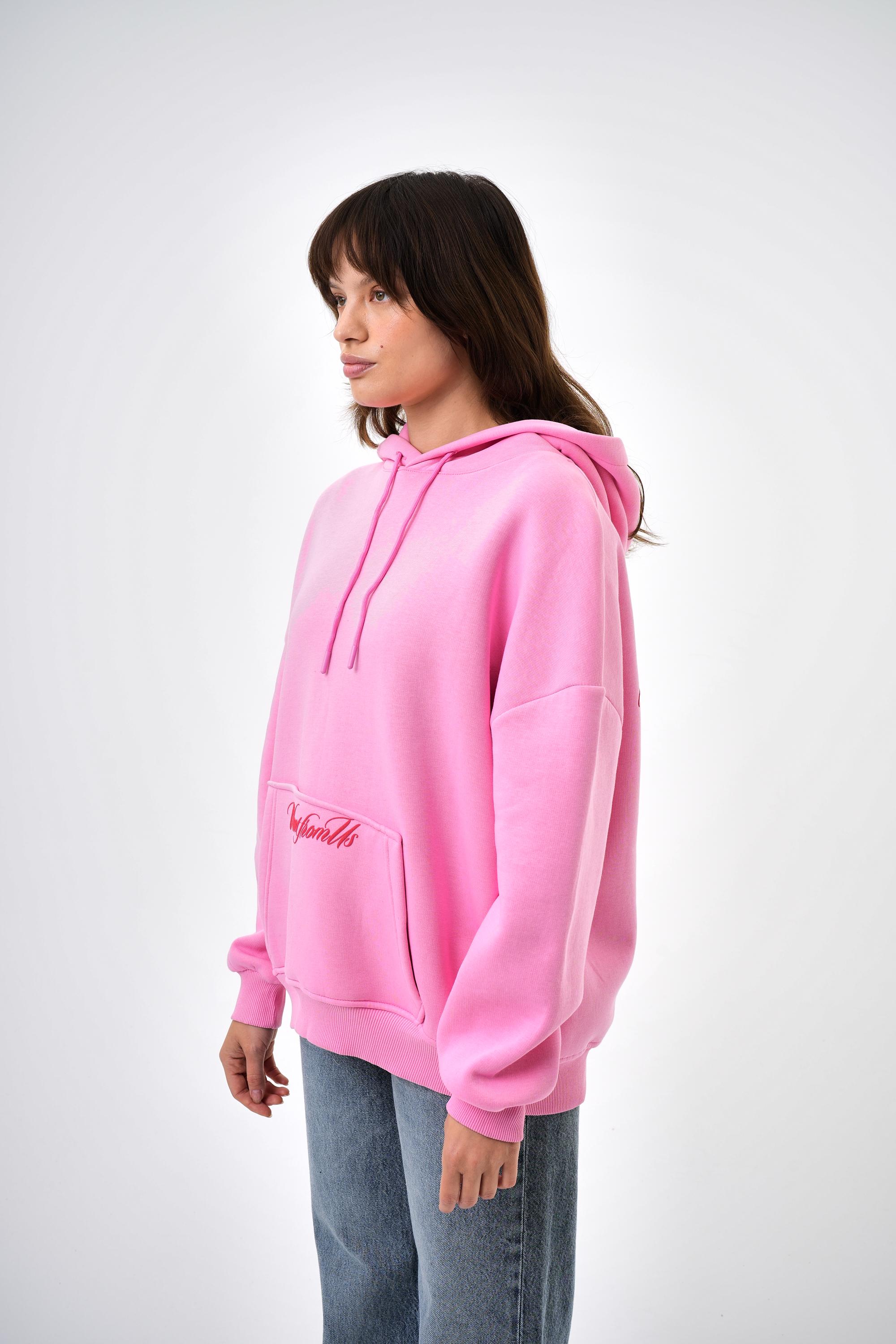 Kadın Want From Us Yazılı Kanguru Cepli Kapüşonlu Oversize Hoodie - Pembe