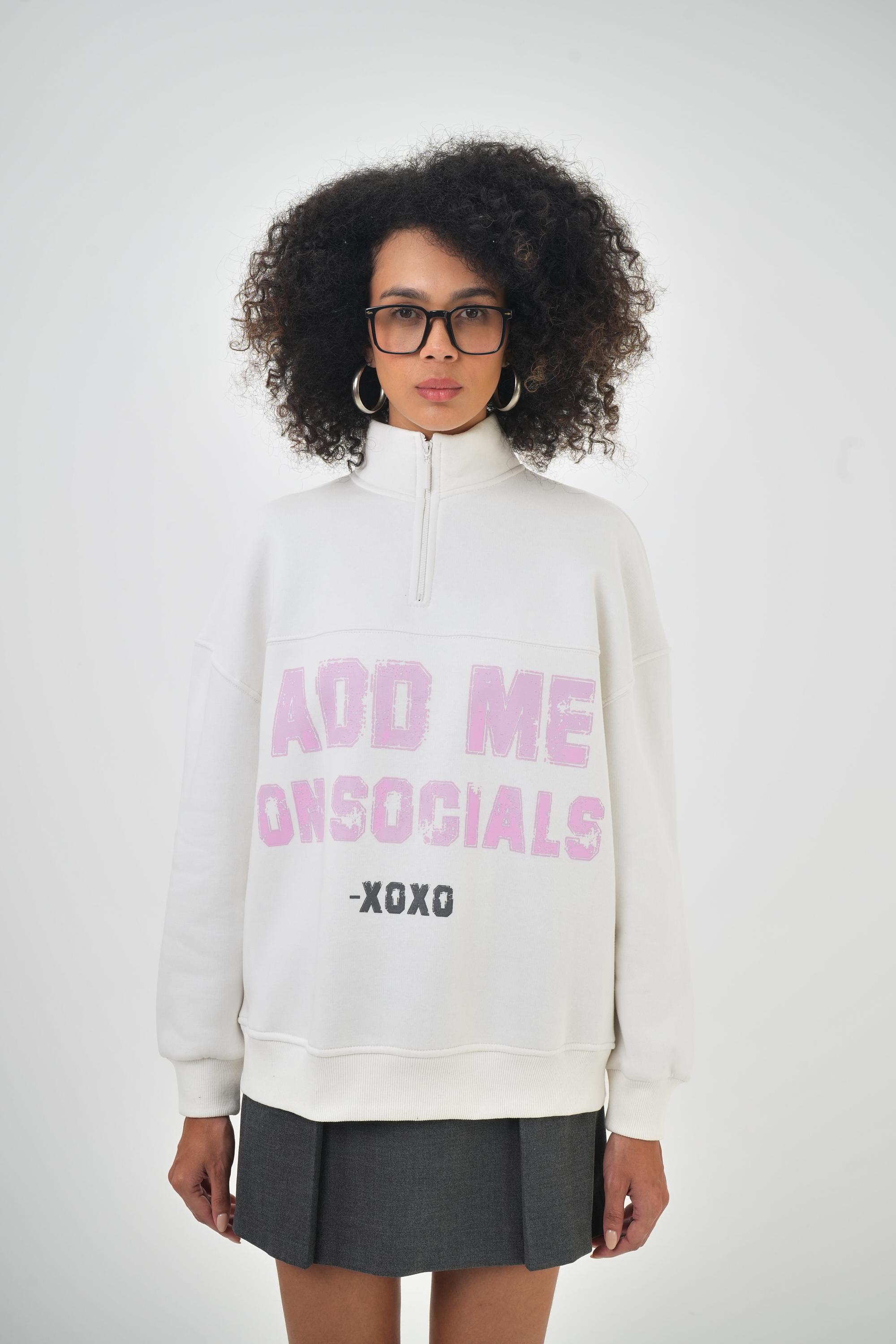 Kadın Add Me On Social Oxxo Yazılı Fermuar Detaylı Oversize Sweatshirt - Ekru