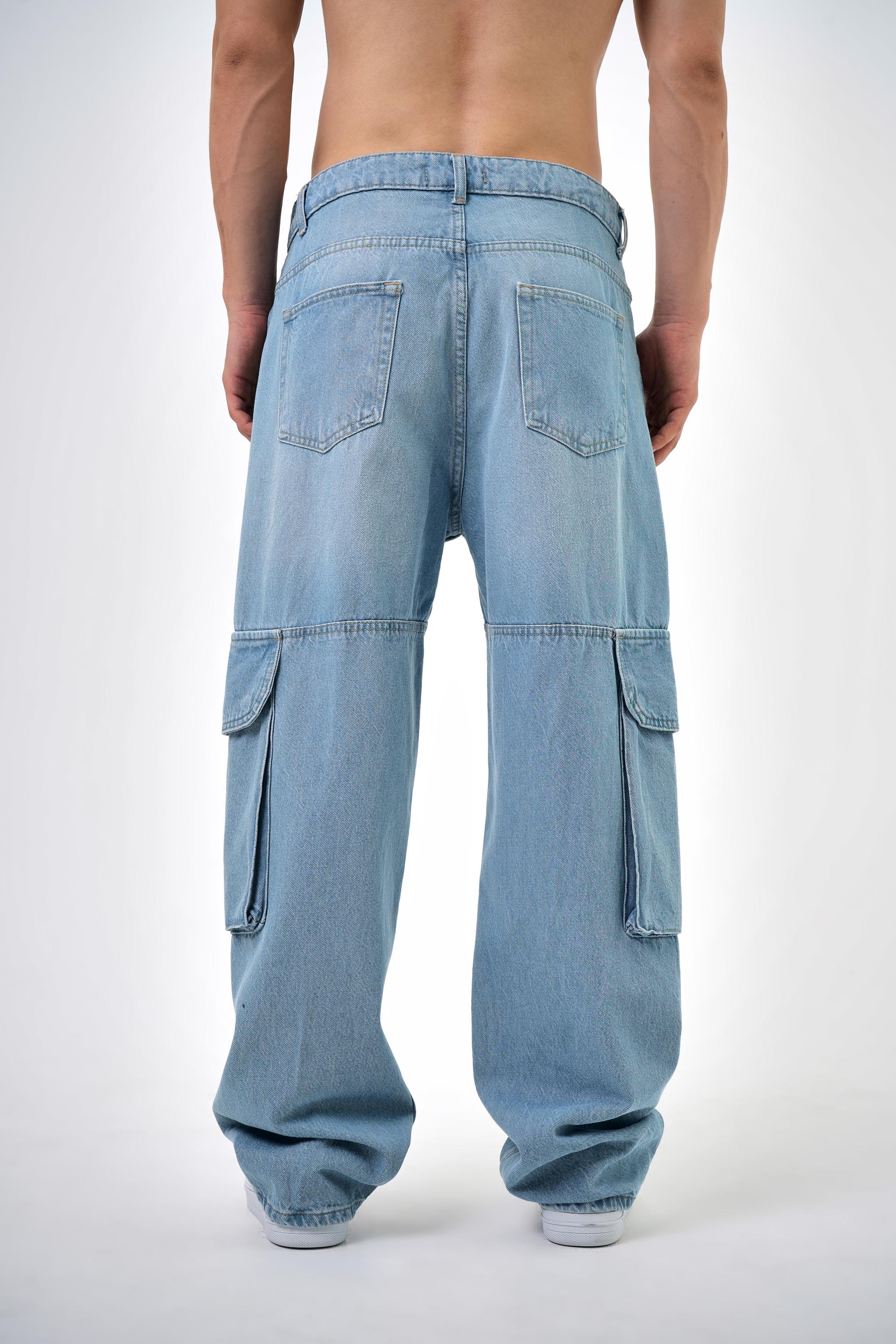 Erkek Washed Kargo Baggy Pantolon - Mavi