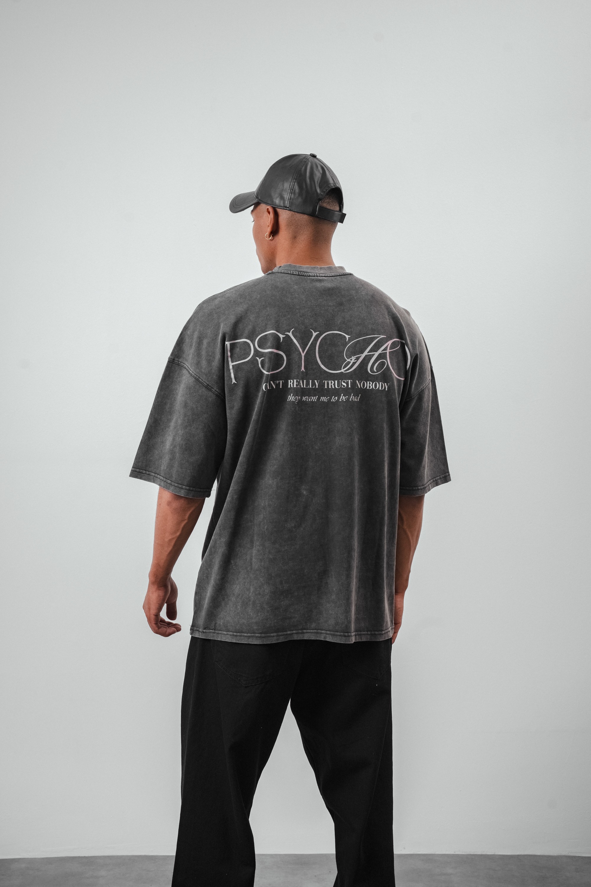 Respire Psycho Baskılı Yıkamalı Oversize T-Shirt - Yıkamalı Siyah