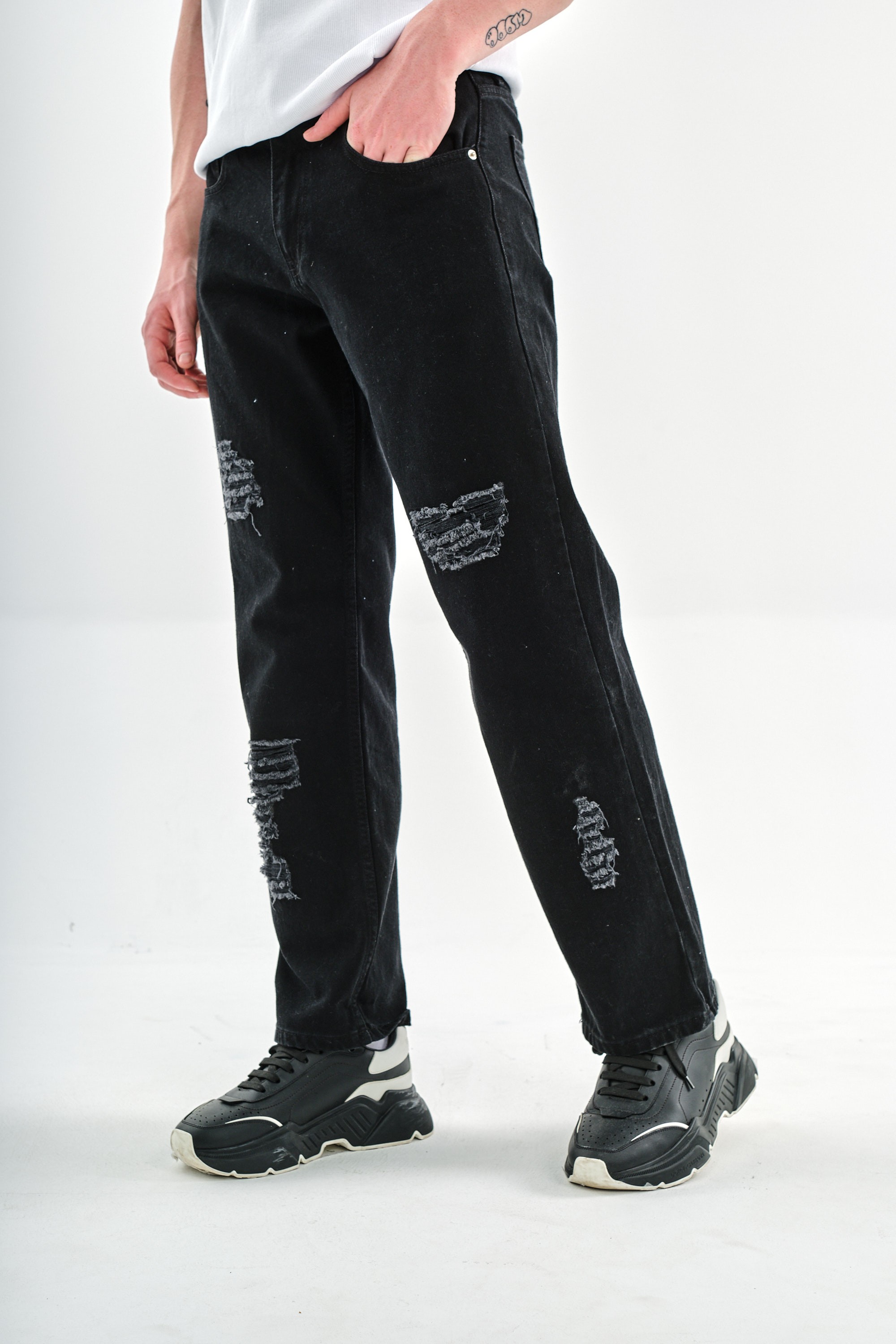 Respire Baggy Yırtmaç Detaylı Jean Pantolon - Black