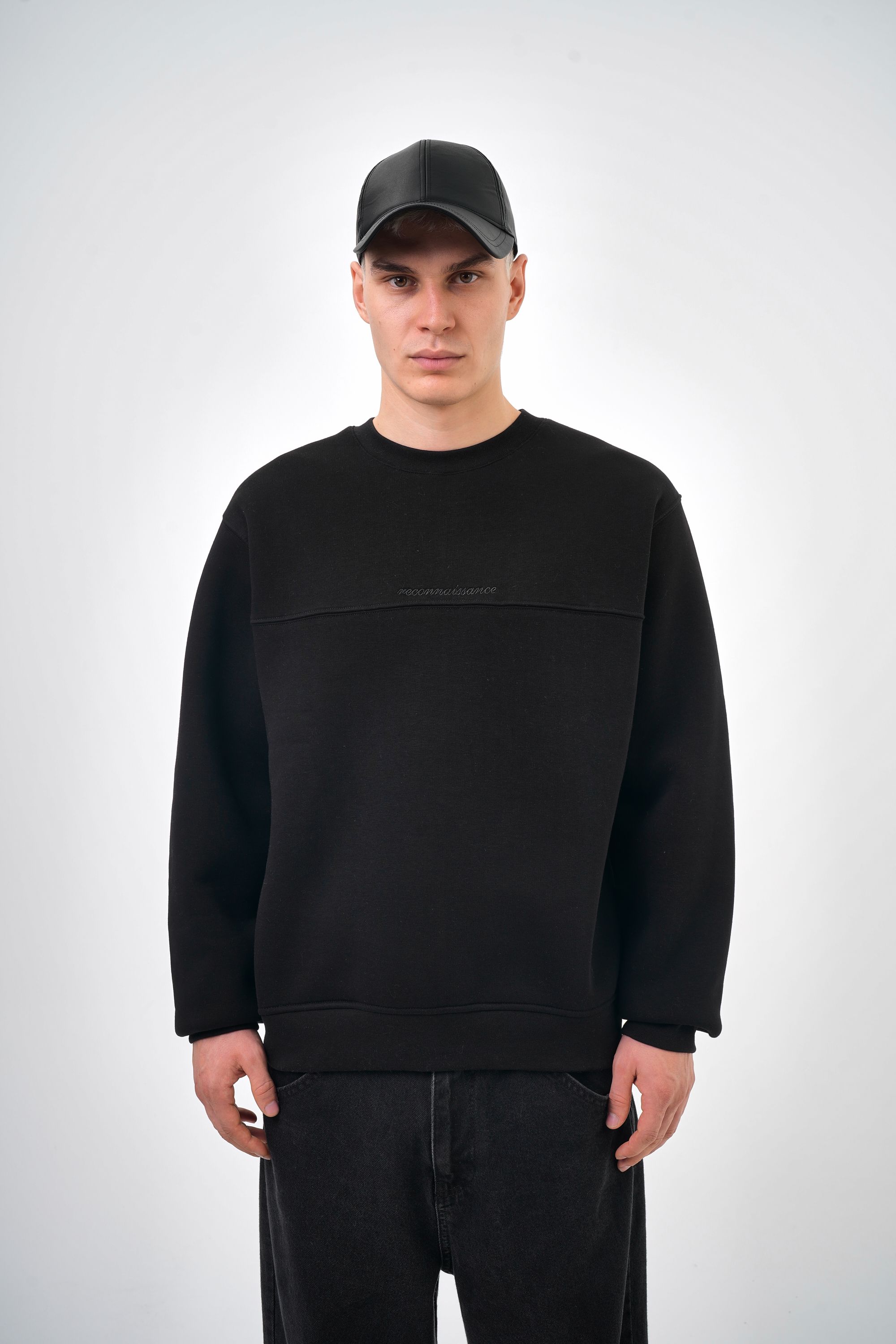 Erkek Oversize Reconnaissence Baskılı Sweatshirt - Siyah