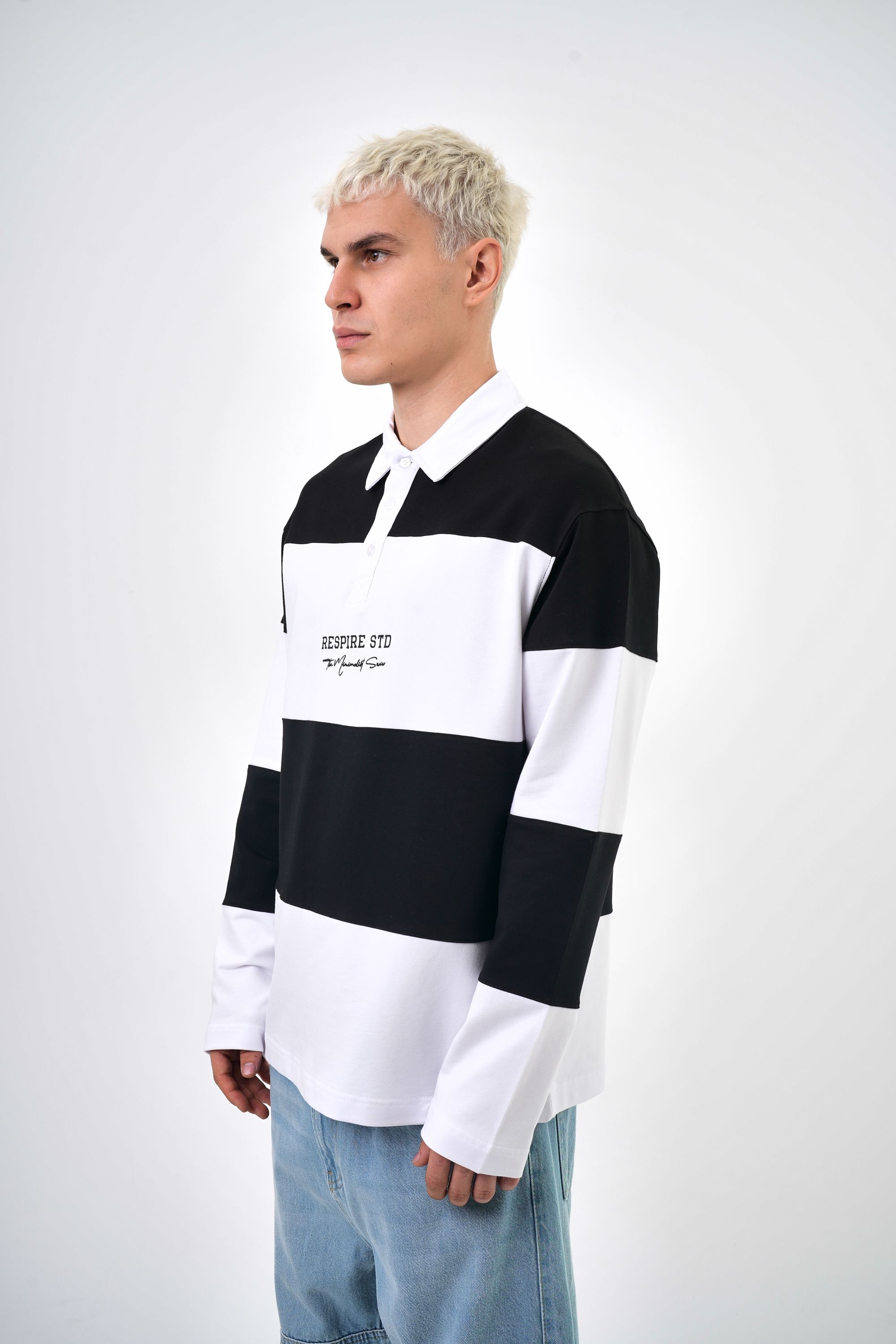 Erkek Oversize Çizgili Polo Sweatshirt - Siyah