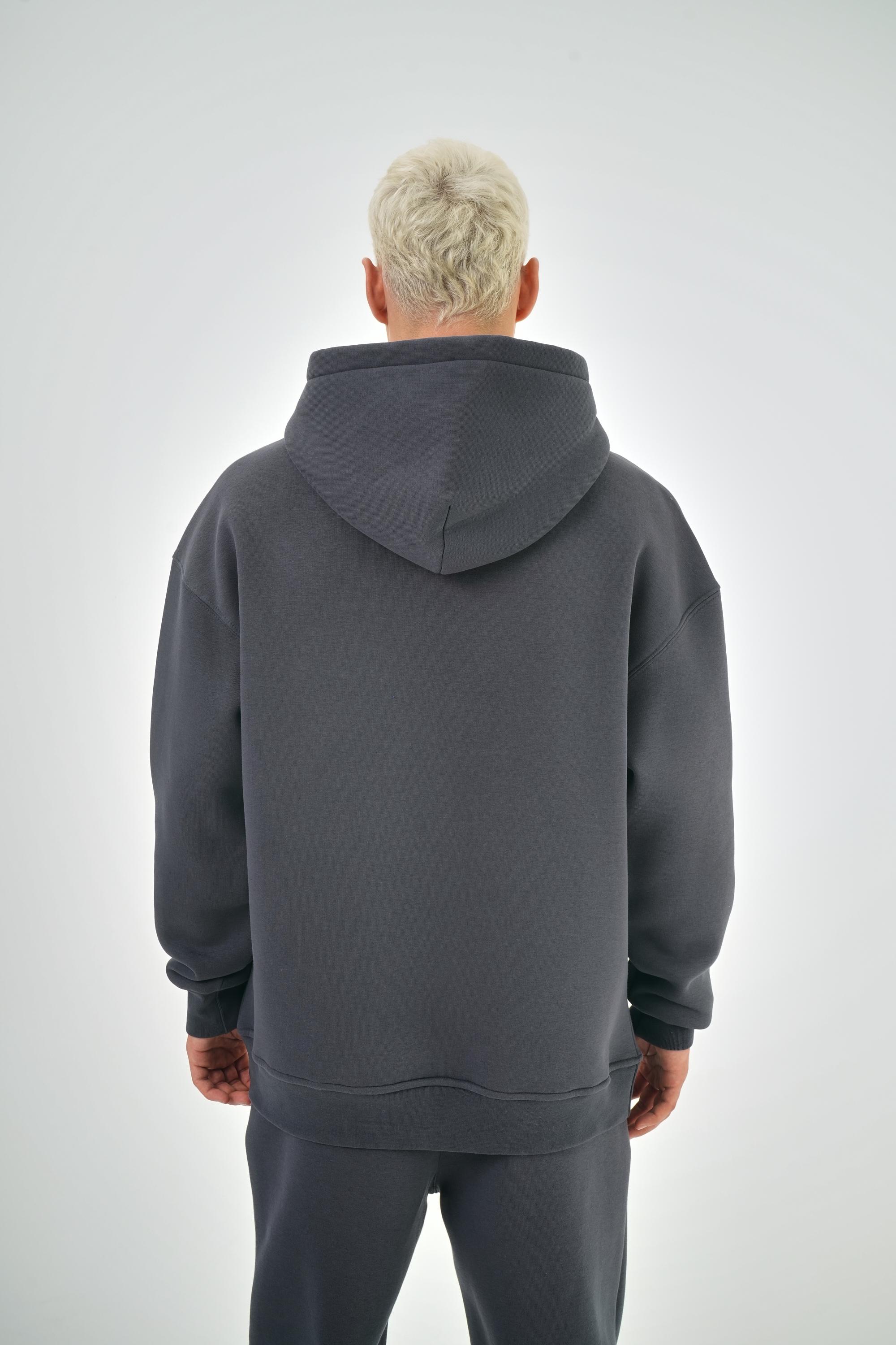 Erkek Oversize Basic Hoodie - Füme