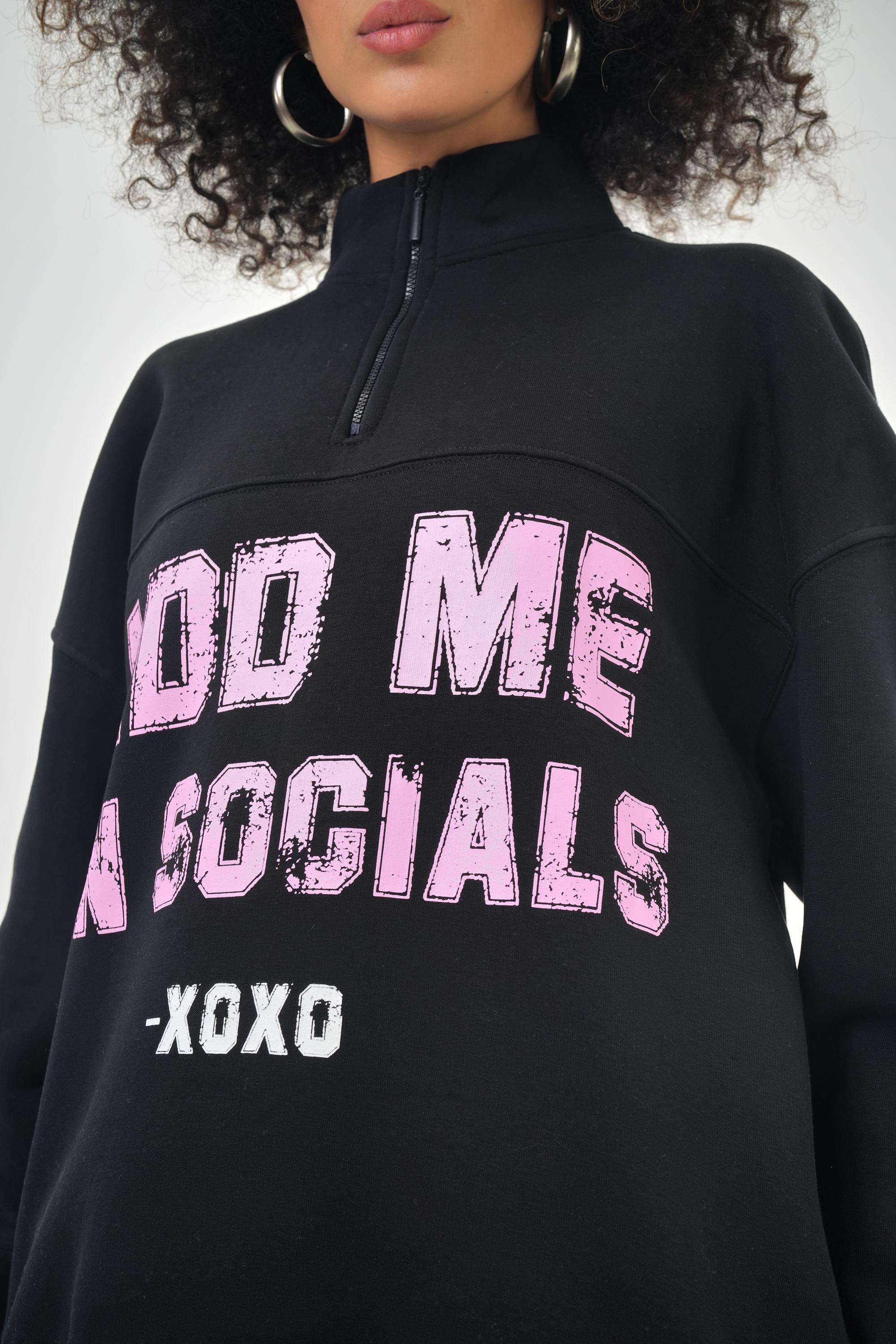 Kadın Add Me On Social Oxxo Yazılı Fermuar Detaylı Oversize Sweatshirt