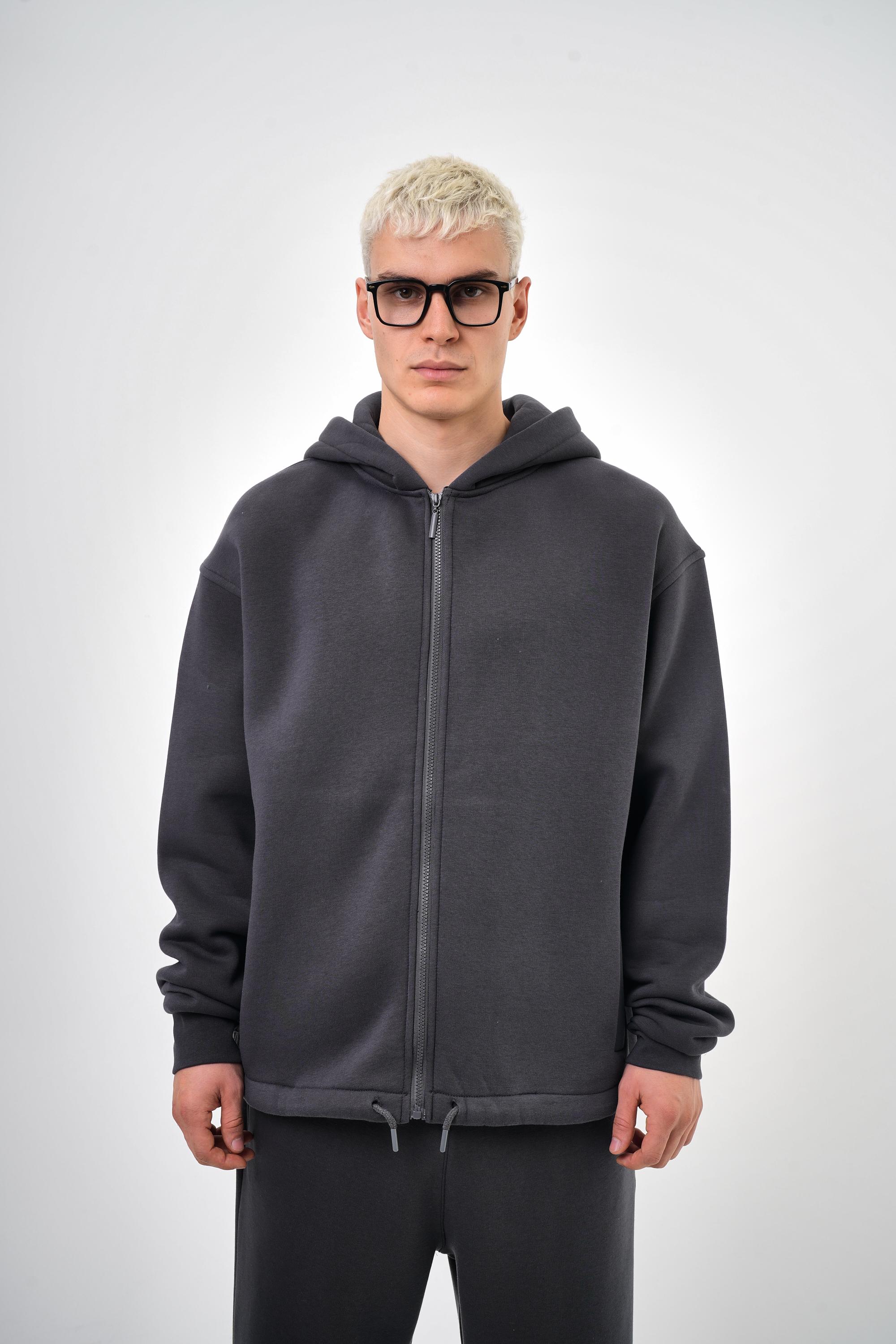 Kapüşonlu Basic Basic Zip Oversize Hoodie - Füme