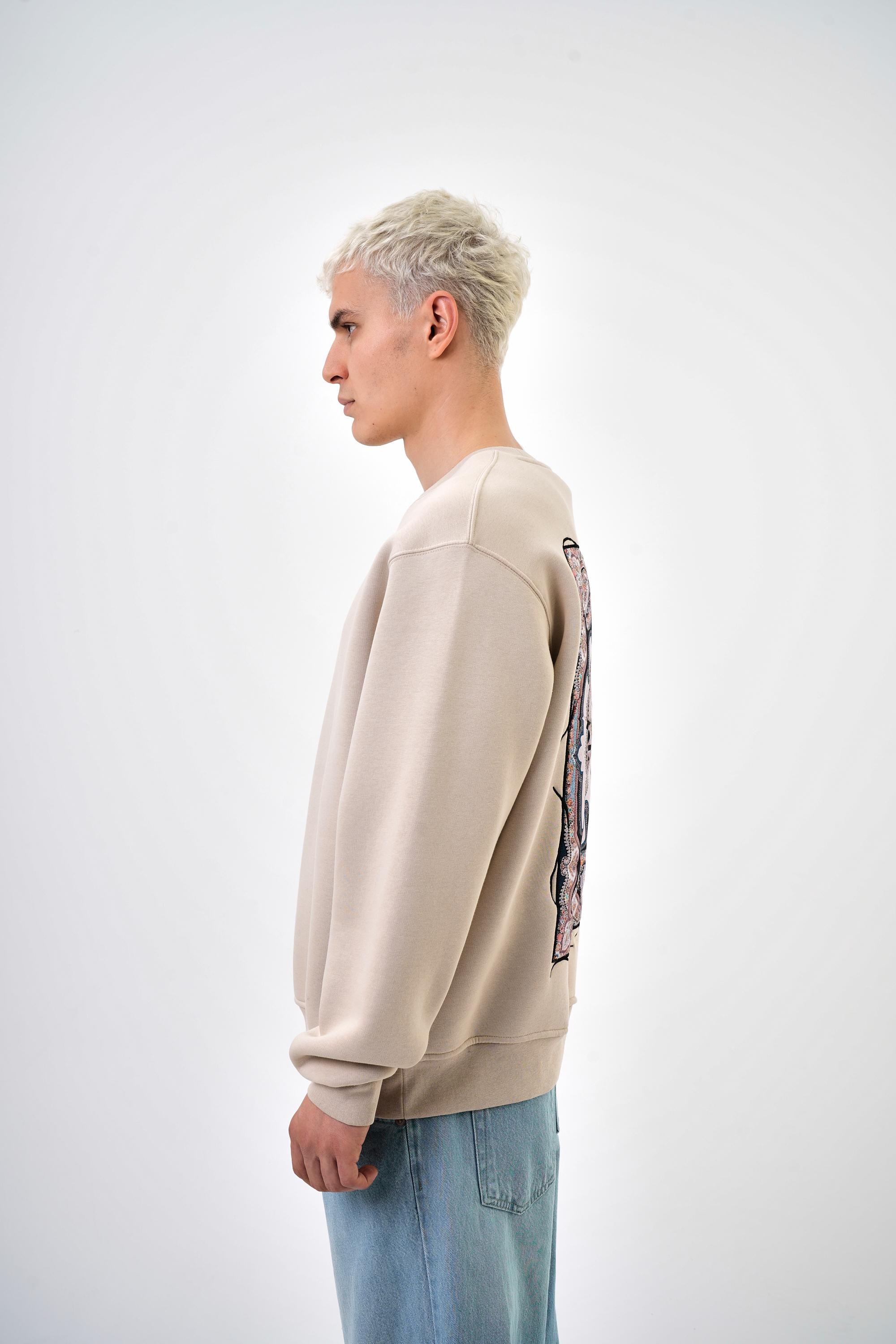 Erkek Oversize Rustic Baskılı Sweatshirt - Bej