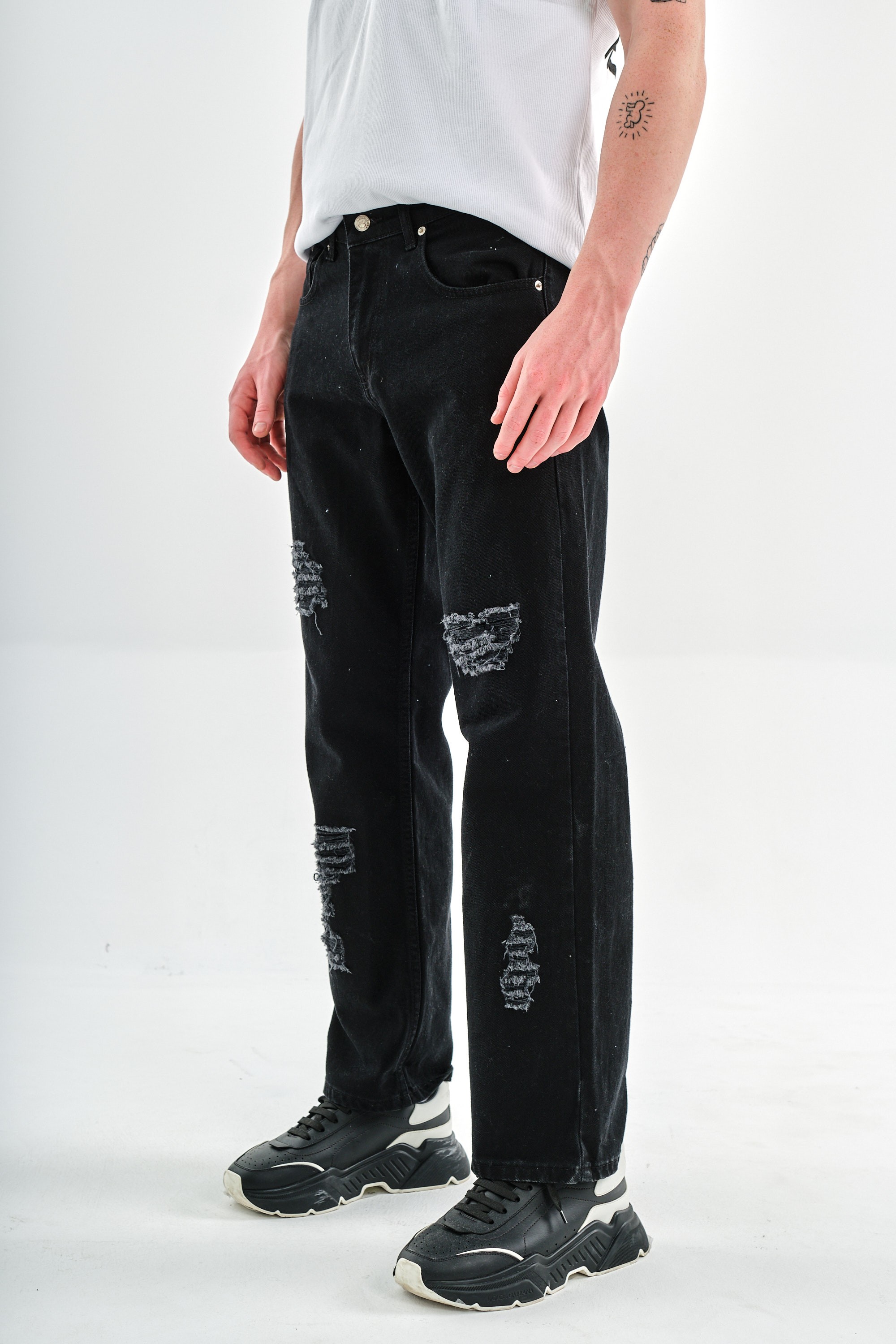 Respire Baggy Yırtmaç Detaylı Jean Pantolon - Black