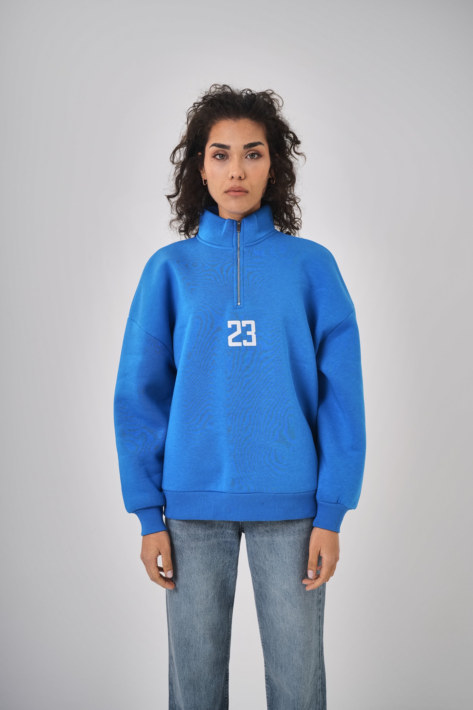 Kadın Oversize Baskılı Yarım Fermuarlı Sweatshirt - Mavi