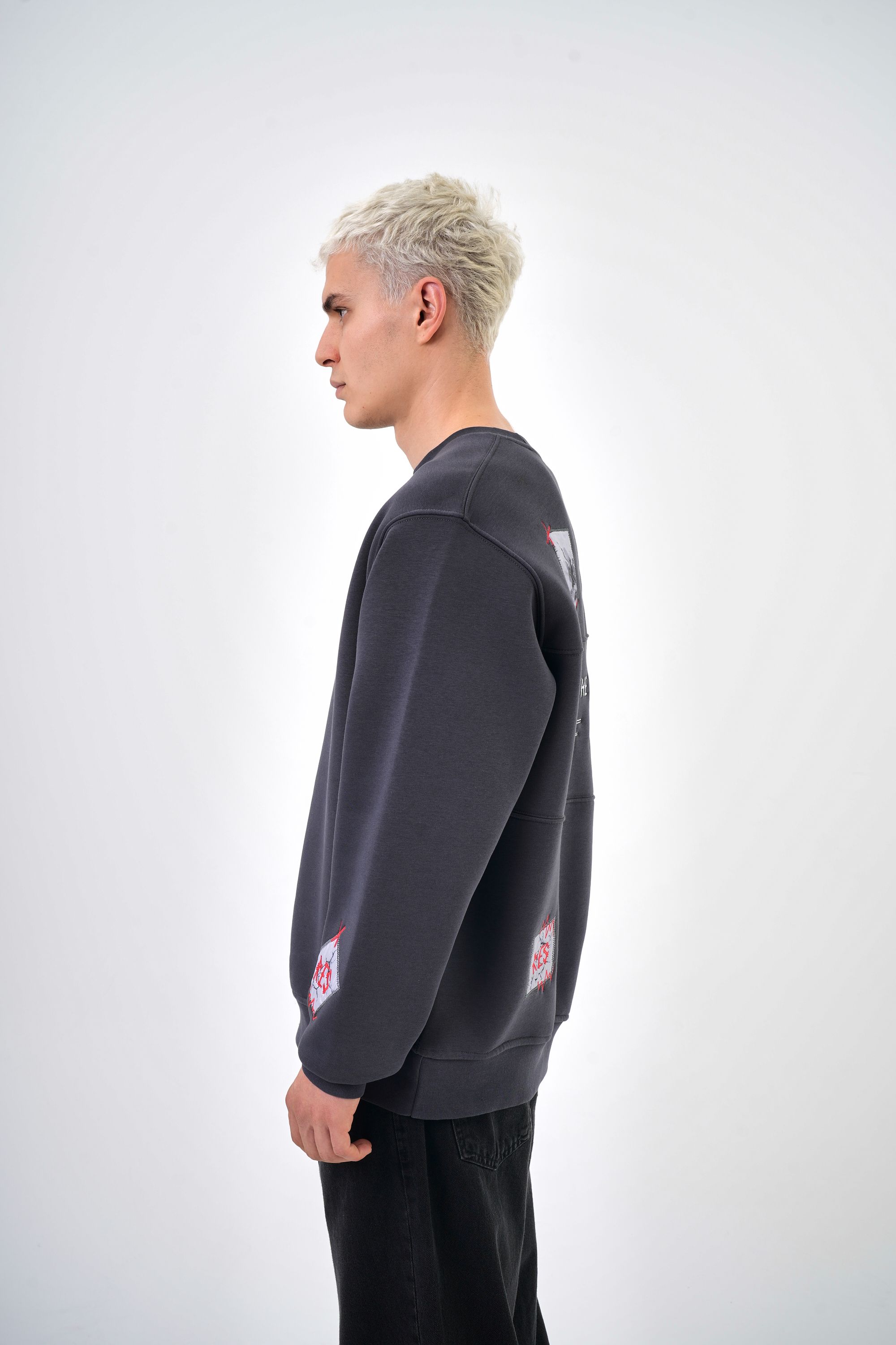 Erkek Oversize Baskılı Sweatshirt - Füme