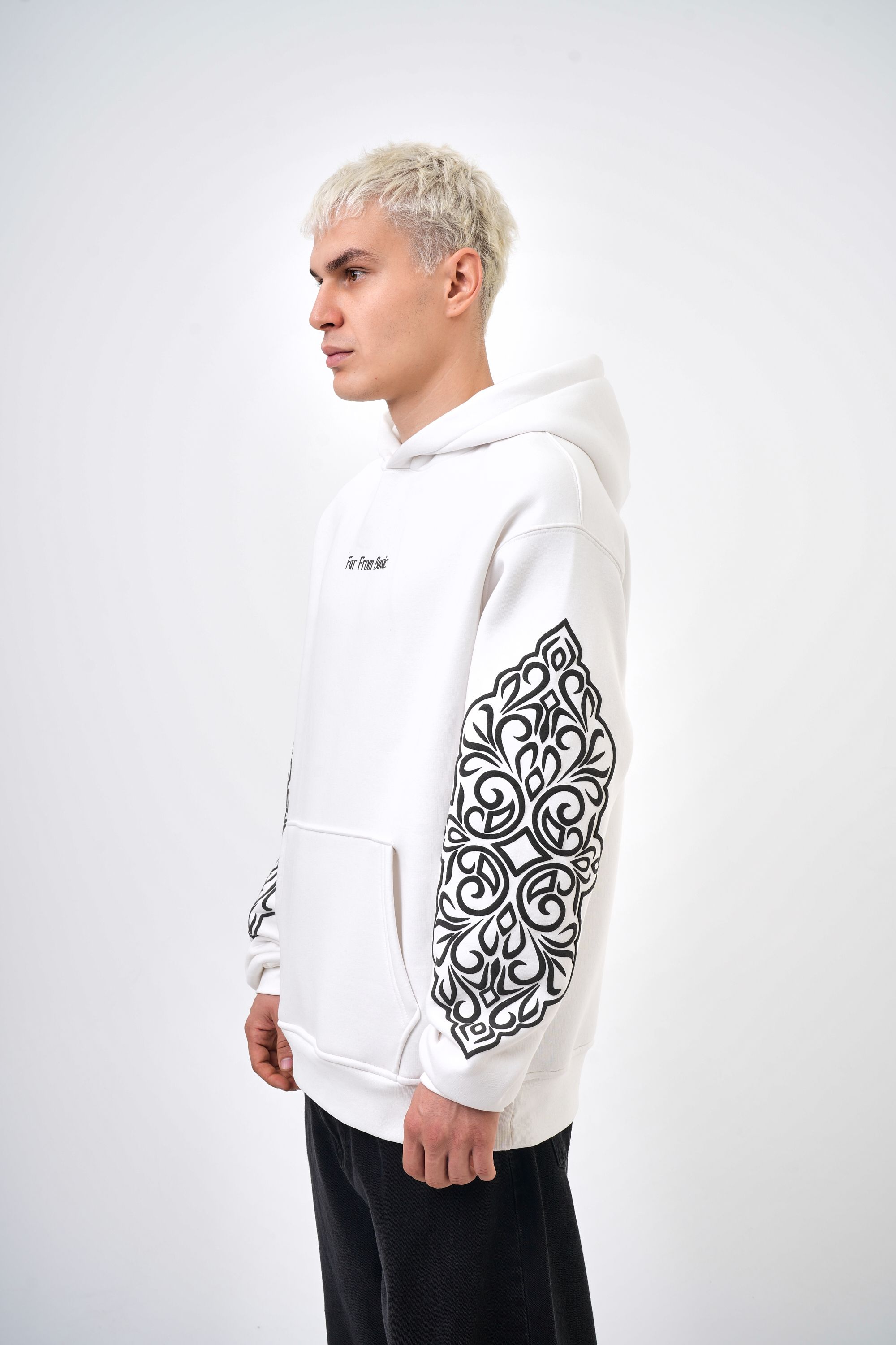 Erkek Oversize Far From Basic Baskılı Kapüşonlu Hoodie - Ekru