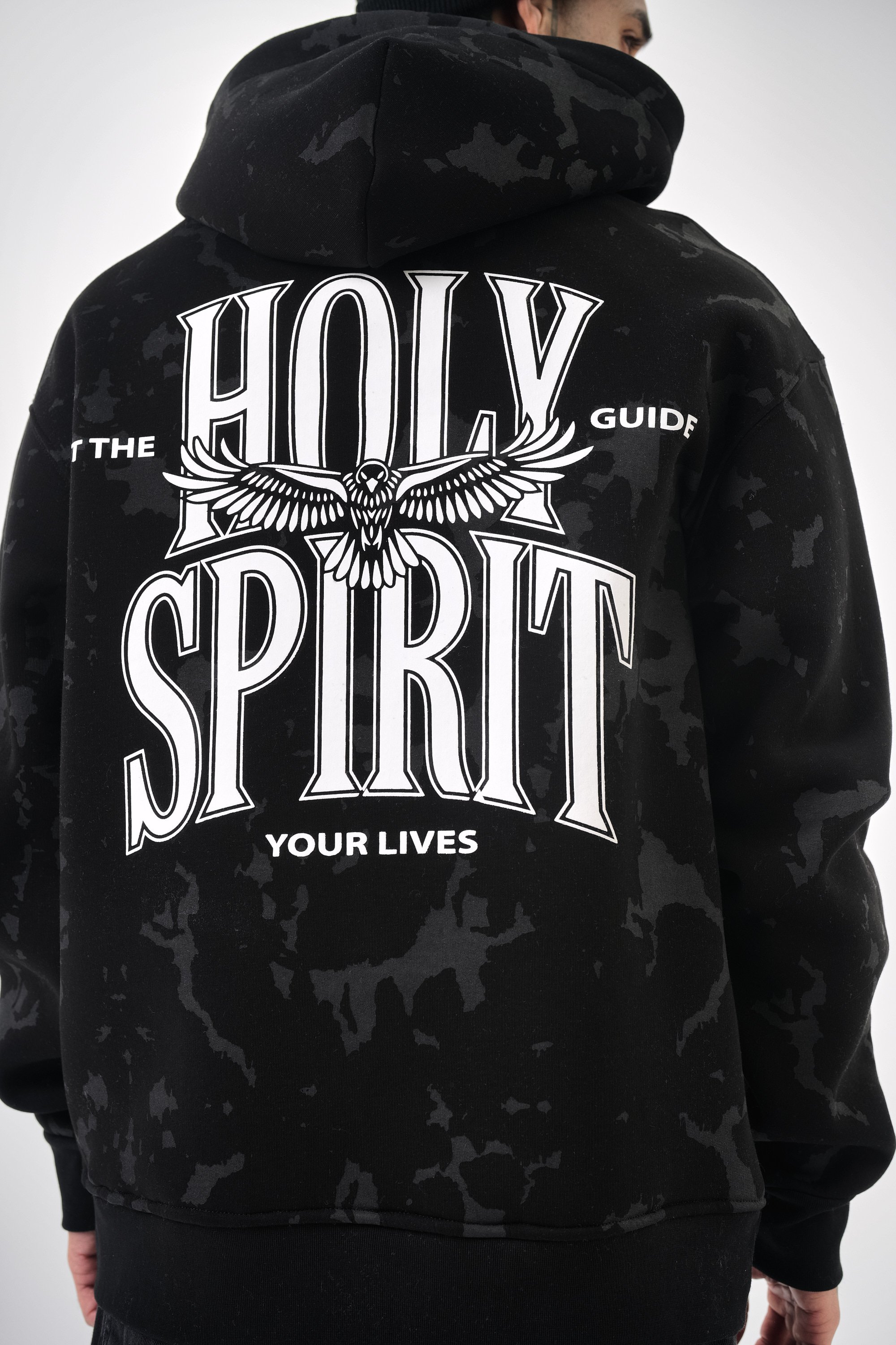 Erkek Holy Spirit Baskılı Oversize Hoodie - Siyah