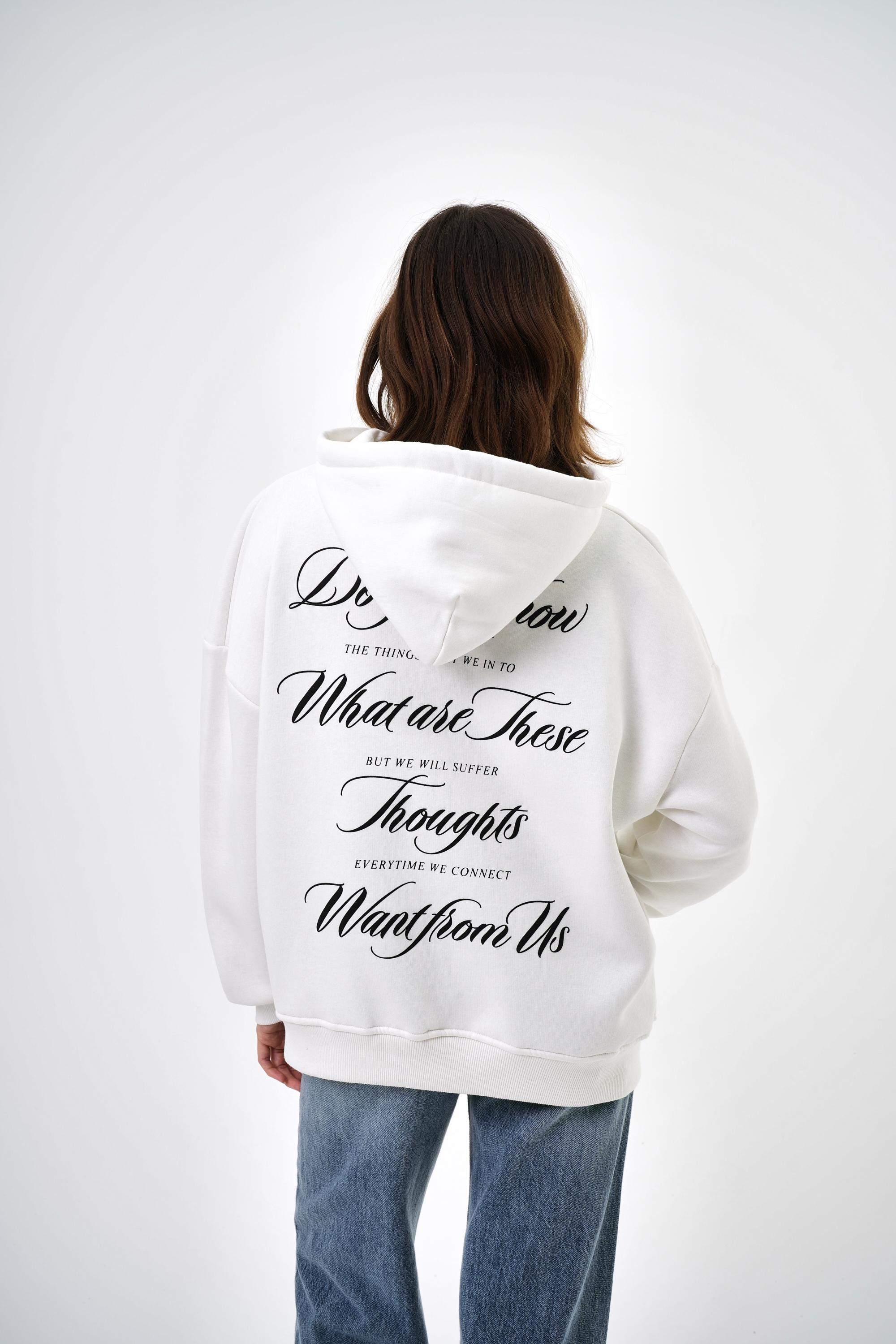 Kadın Want From Us Yazılı Kanguru Cepli Kapüşonlu Oversize Hoodie - Ekru