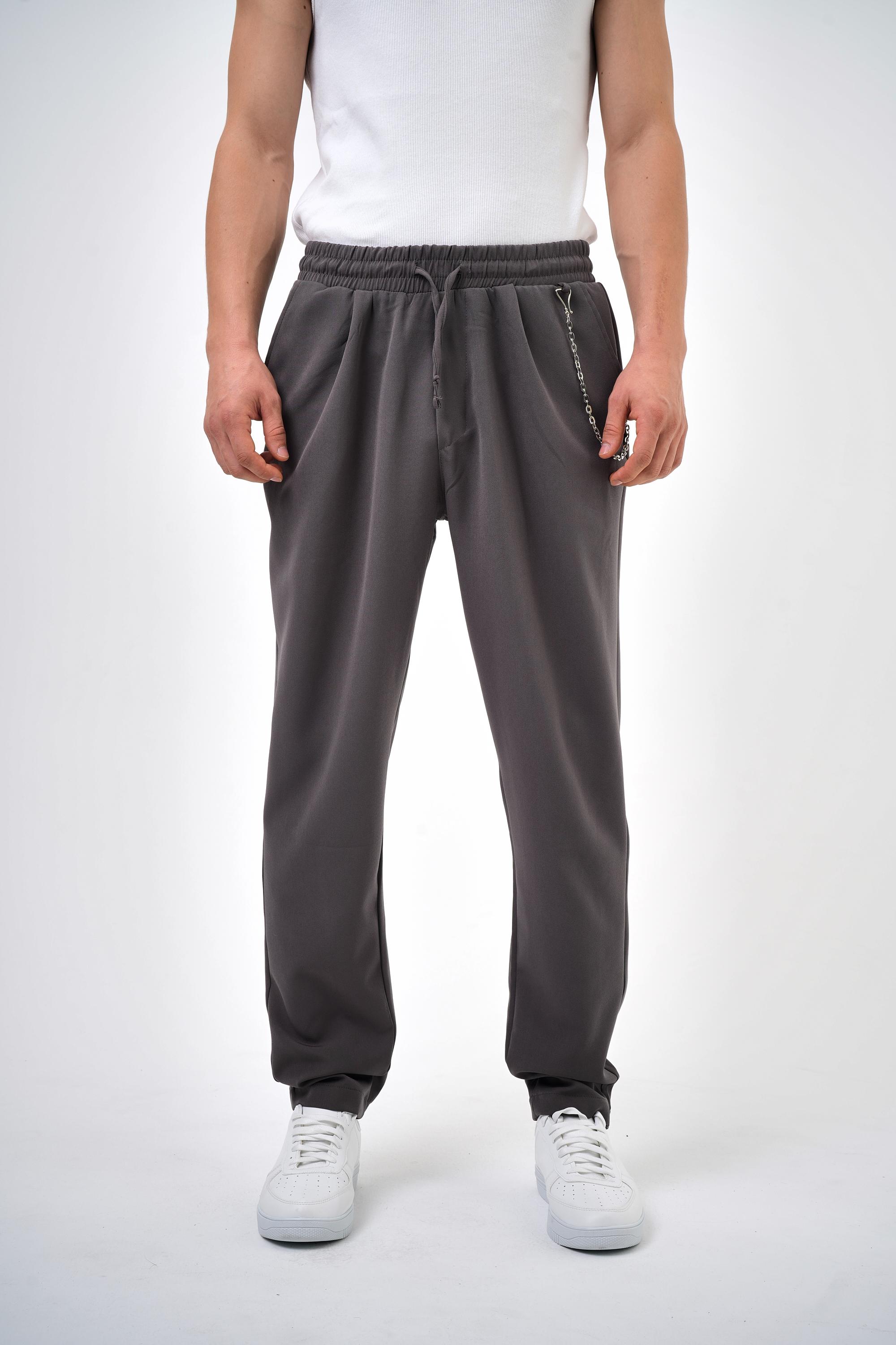 Zincir Detaylı Bağcıklı Dar Paça Single Pleated Jogger Pantolon - Füme