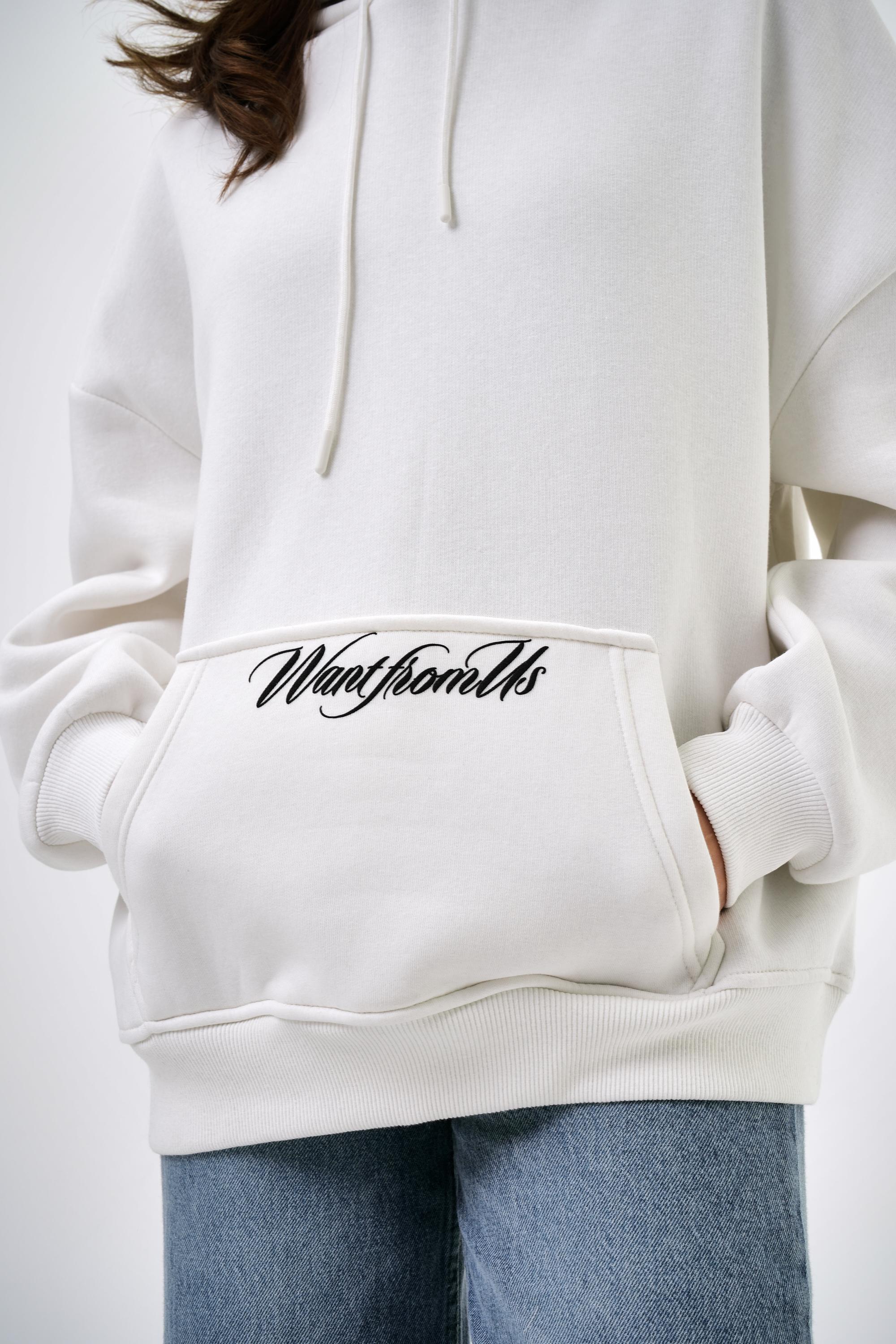 Kadın Want From Us Yazılı Kanguru Cepli Kapüşonlu Oversize Hoodie - Ekru