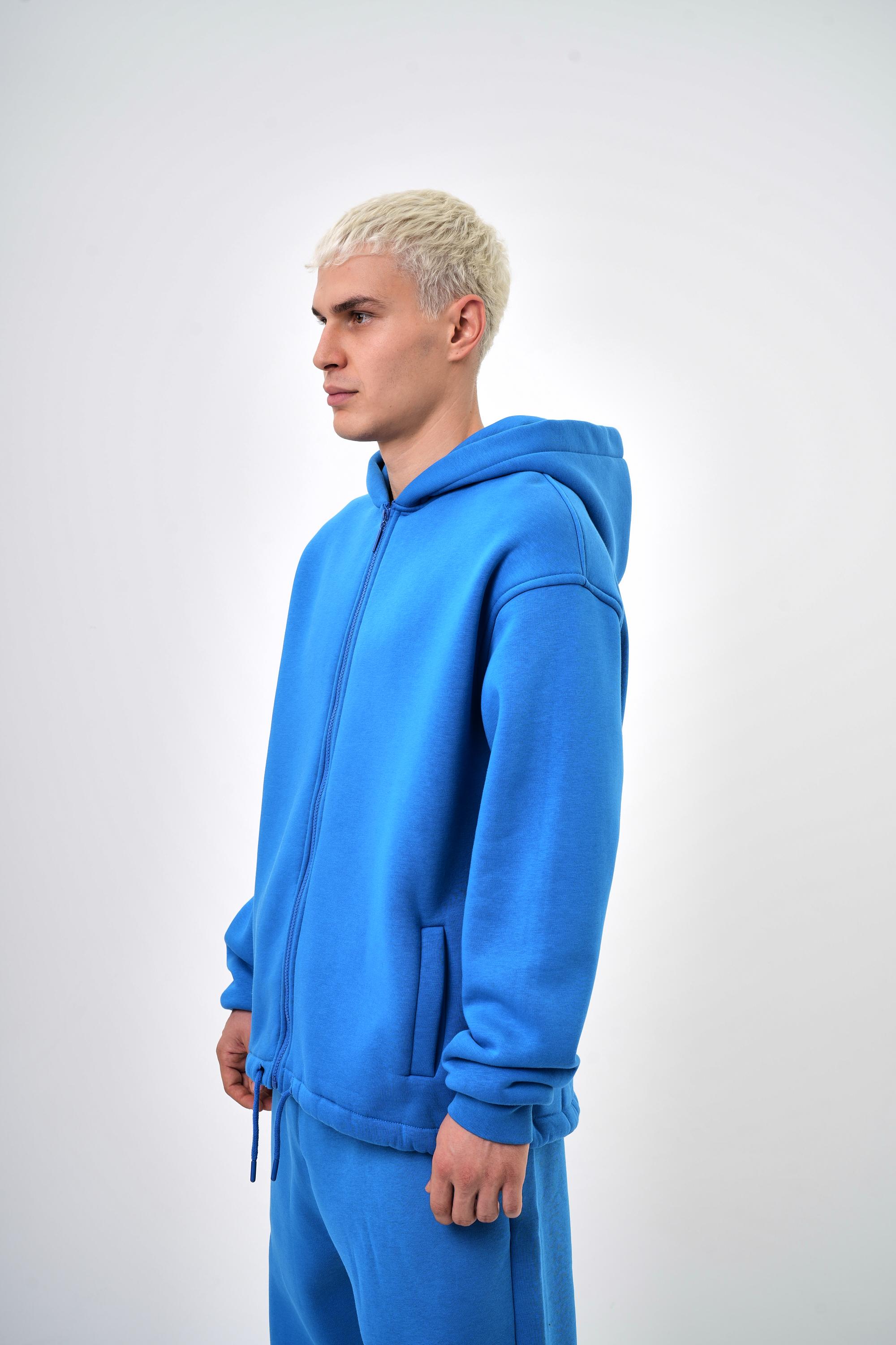 Kapüşonlu Basic Basic Zip Oversize Hoodie - Mavi