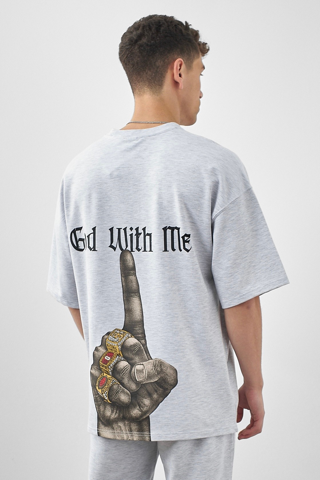 Respire God With Me Baskılı Oversize T-Shirt - Kar Melanj