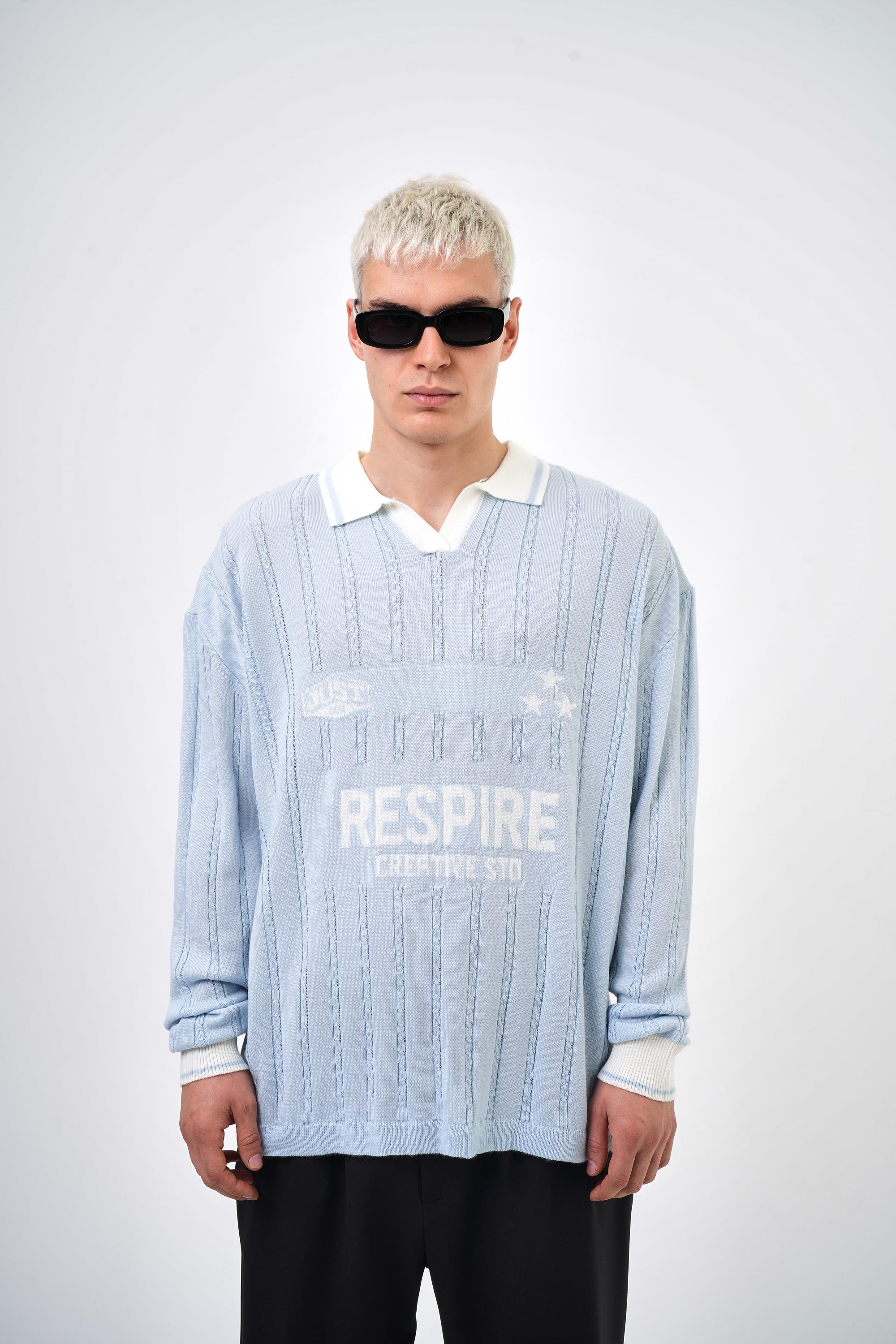 Respire Creatice Std Yazılı Polo Yaka Oversize Triko - Bebe Mavi