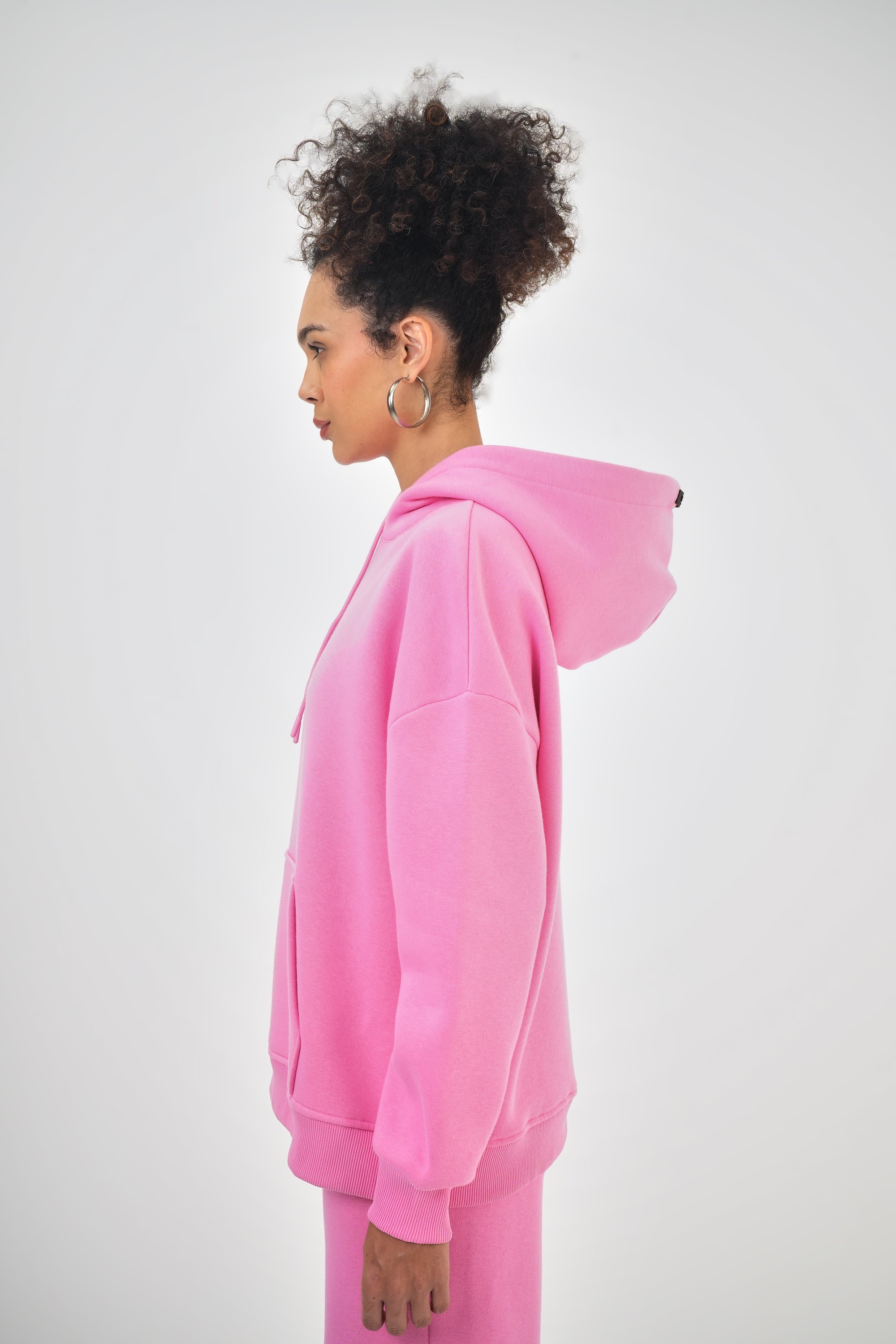 Kadın Kanguru Cepli Kapüşonlu Basic Oversize Hoodie - Pembe