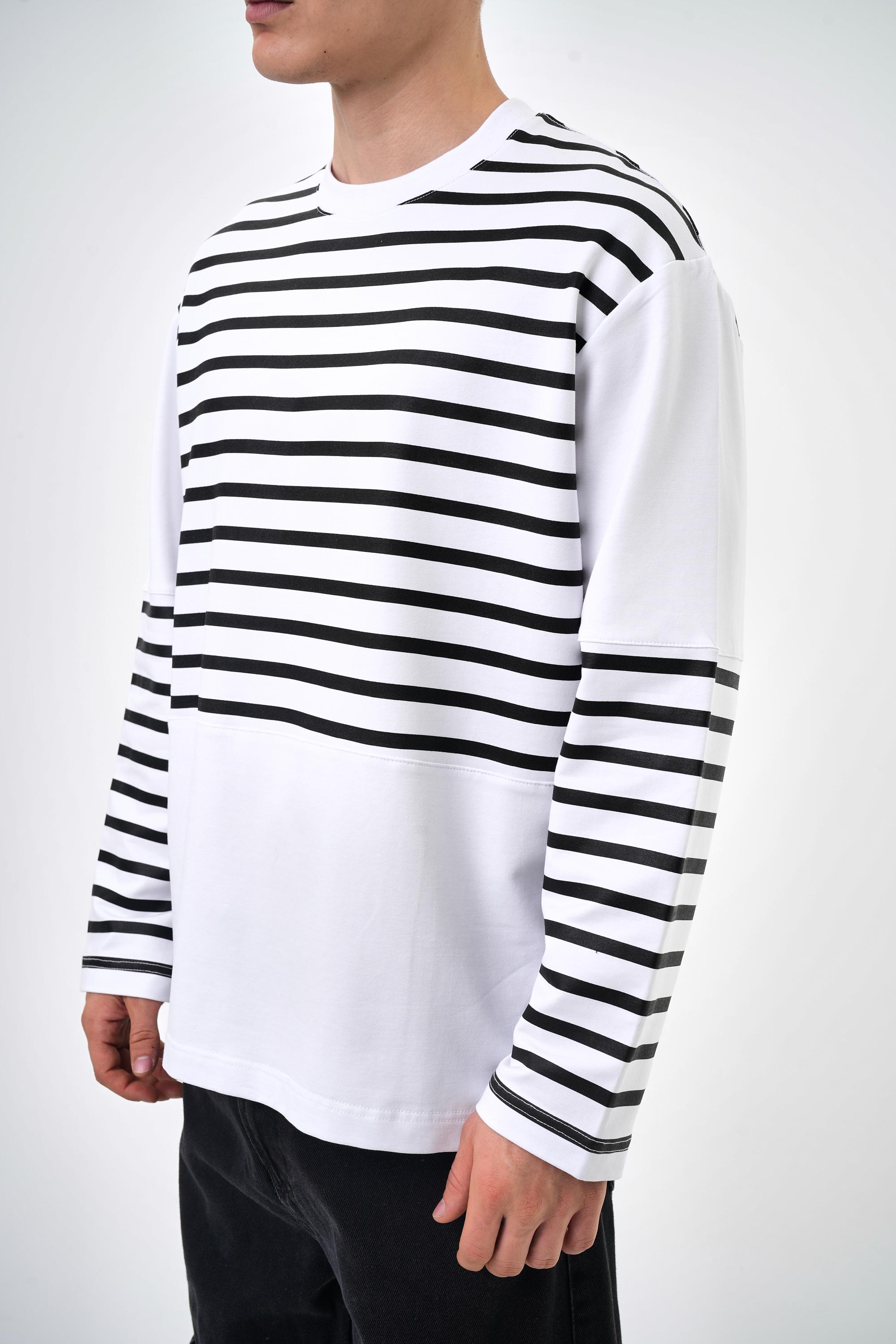 Erkek Overisize Çizgili Striped Sweatshirt   - Beyaz