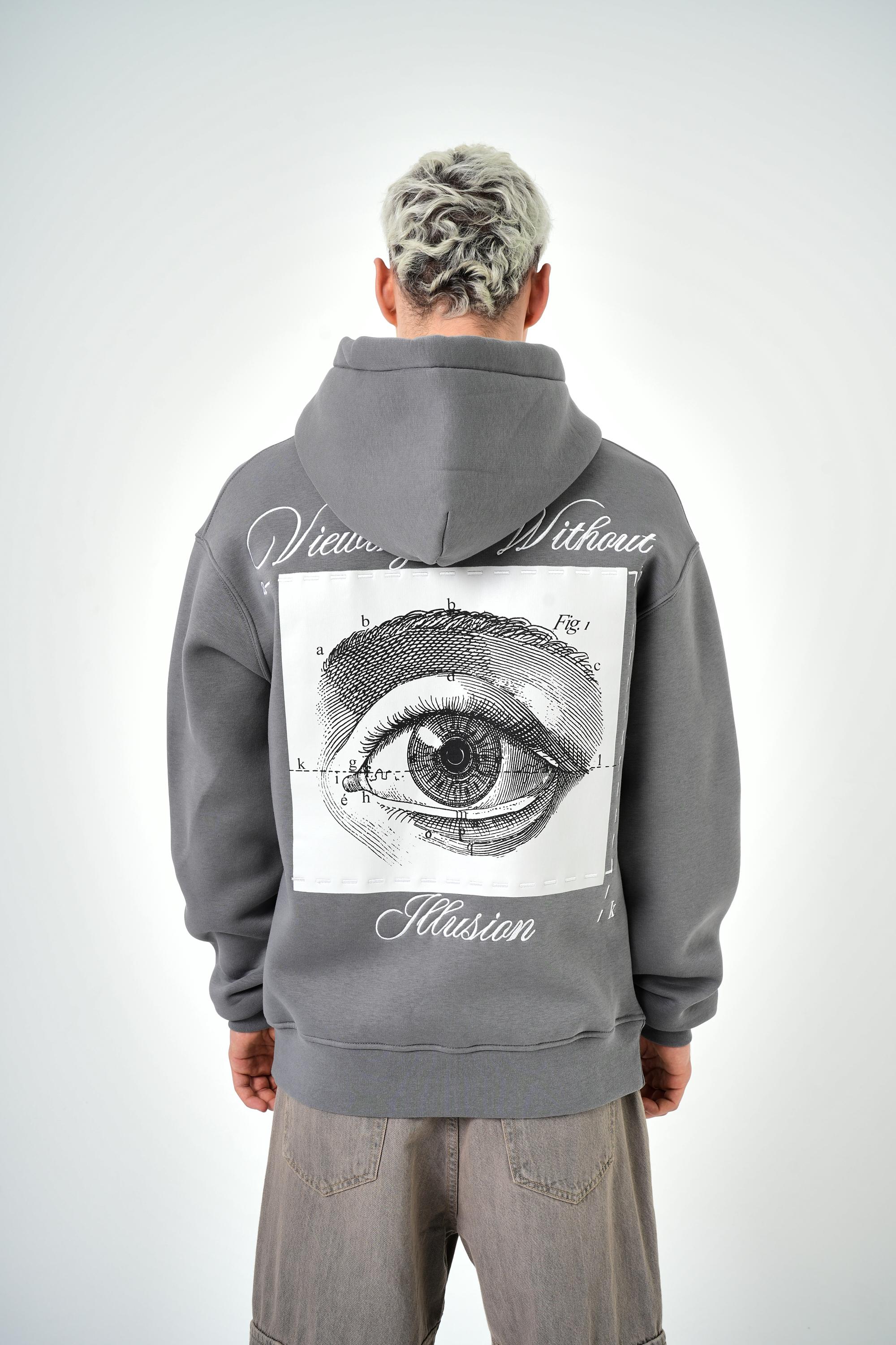 Erkek Illusion Baskılı Oversize Hoodie - Gri