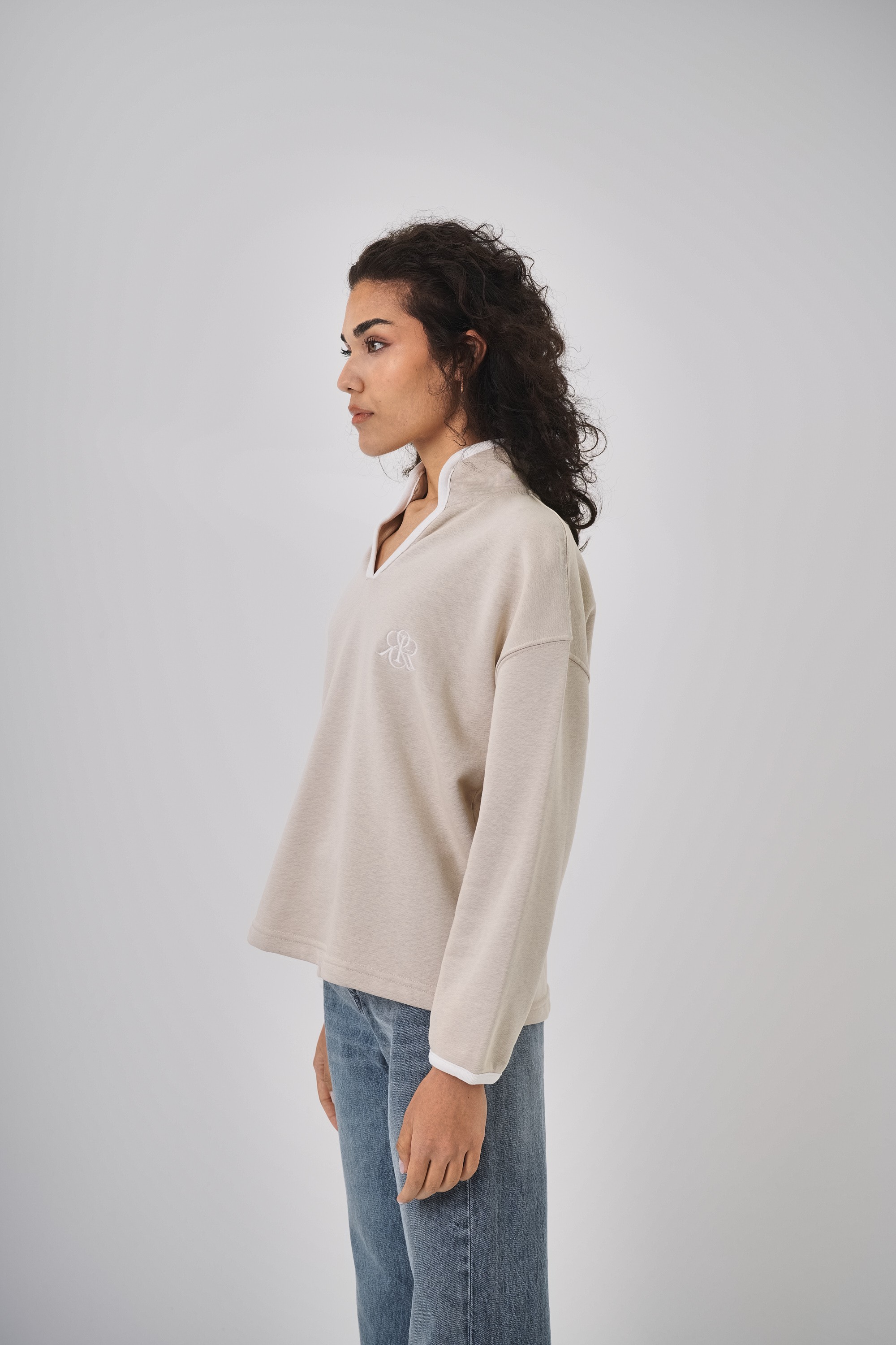 Kadın Yaka Detaylı Casual Kadın Sweatshirt - Bej