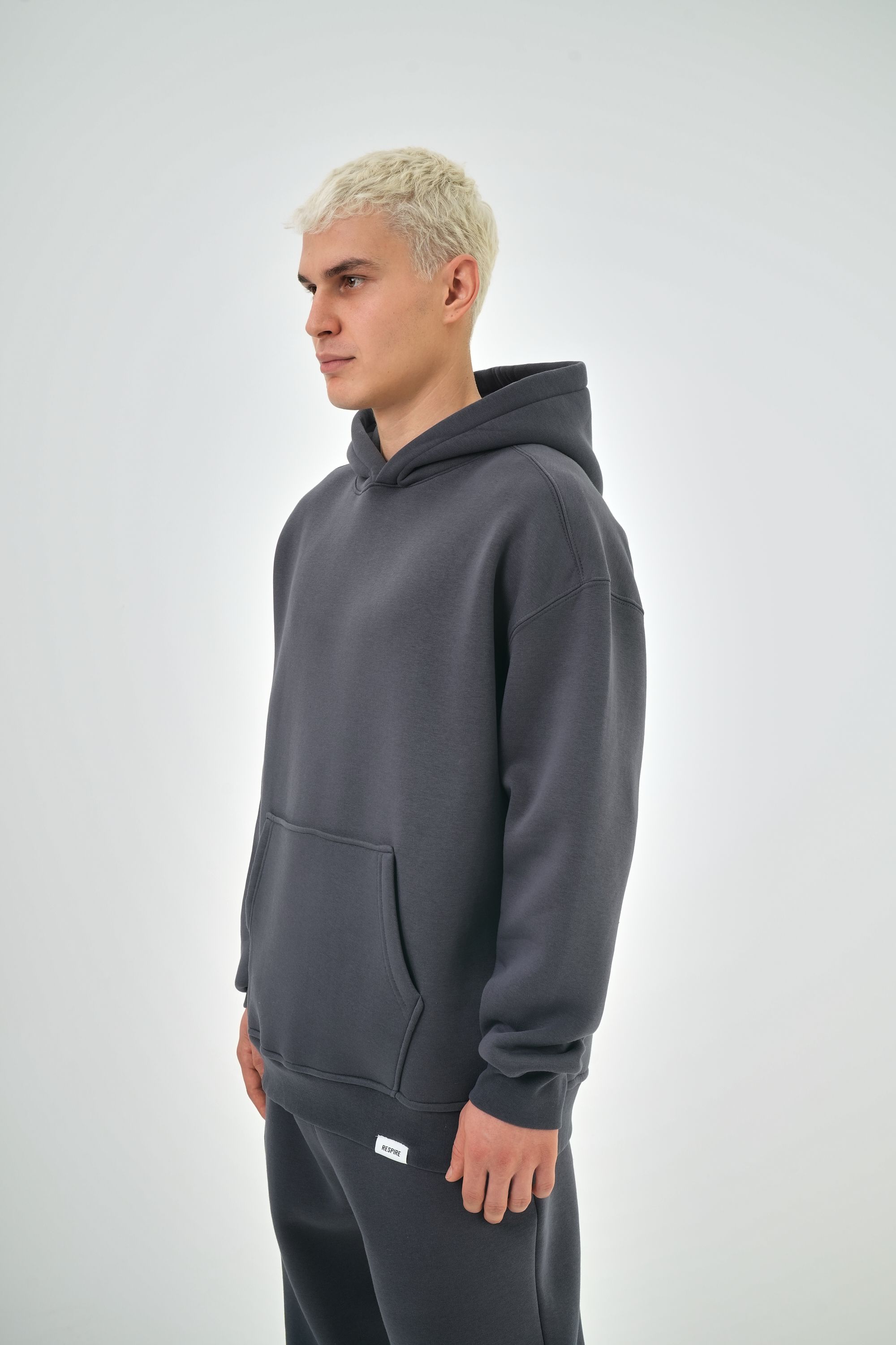 Erkek Oversize Basic Hoodie - Füme