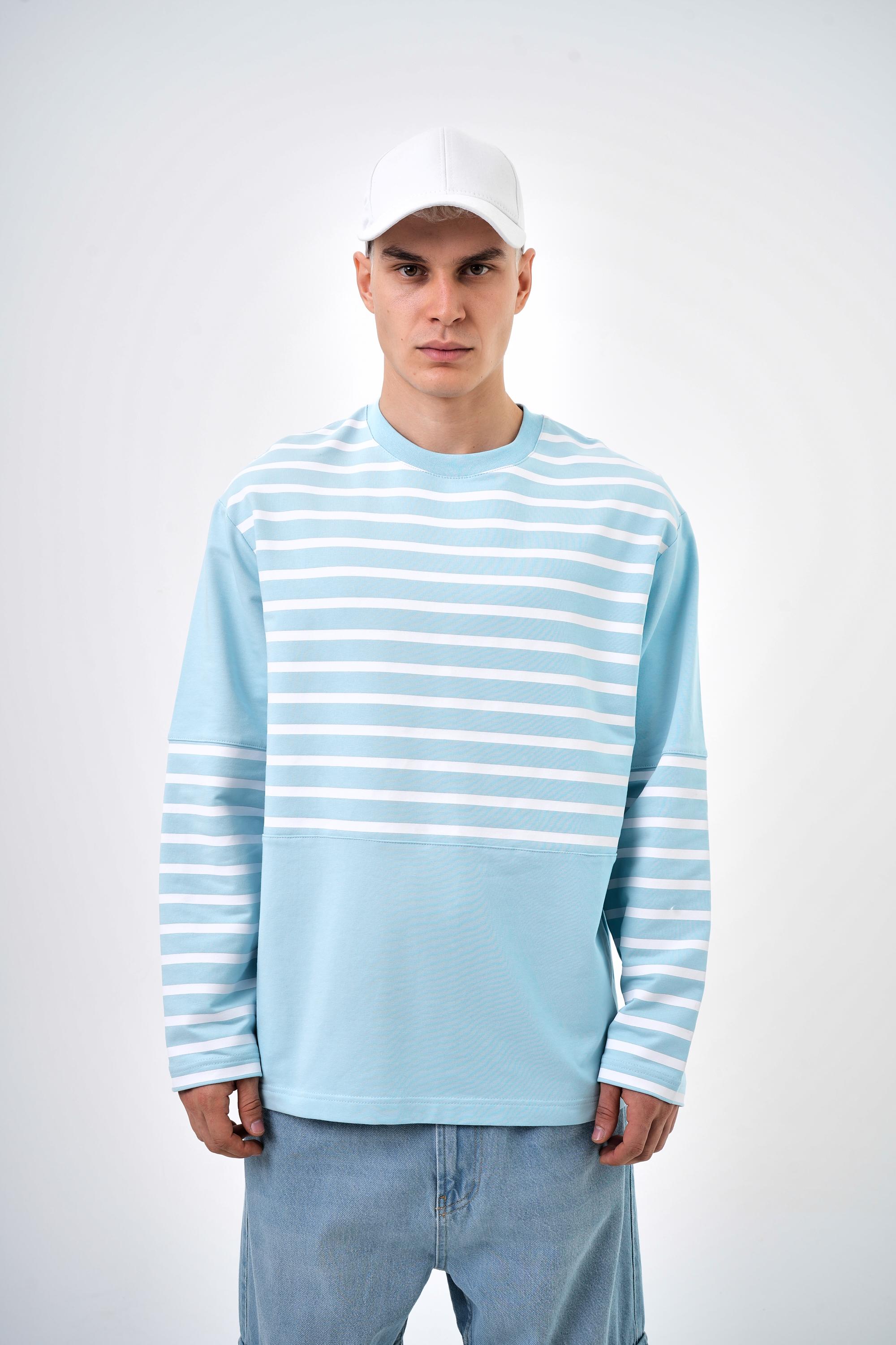 Şerit Çizgi Detaylı Striped Sweatshirt - Bebe Mavi