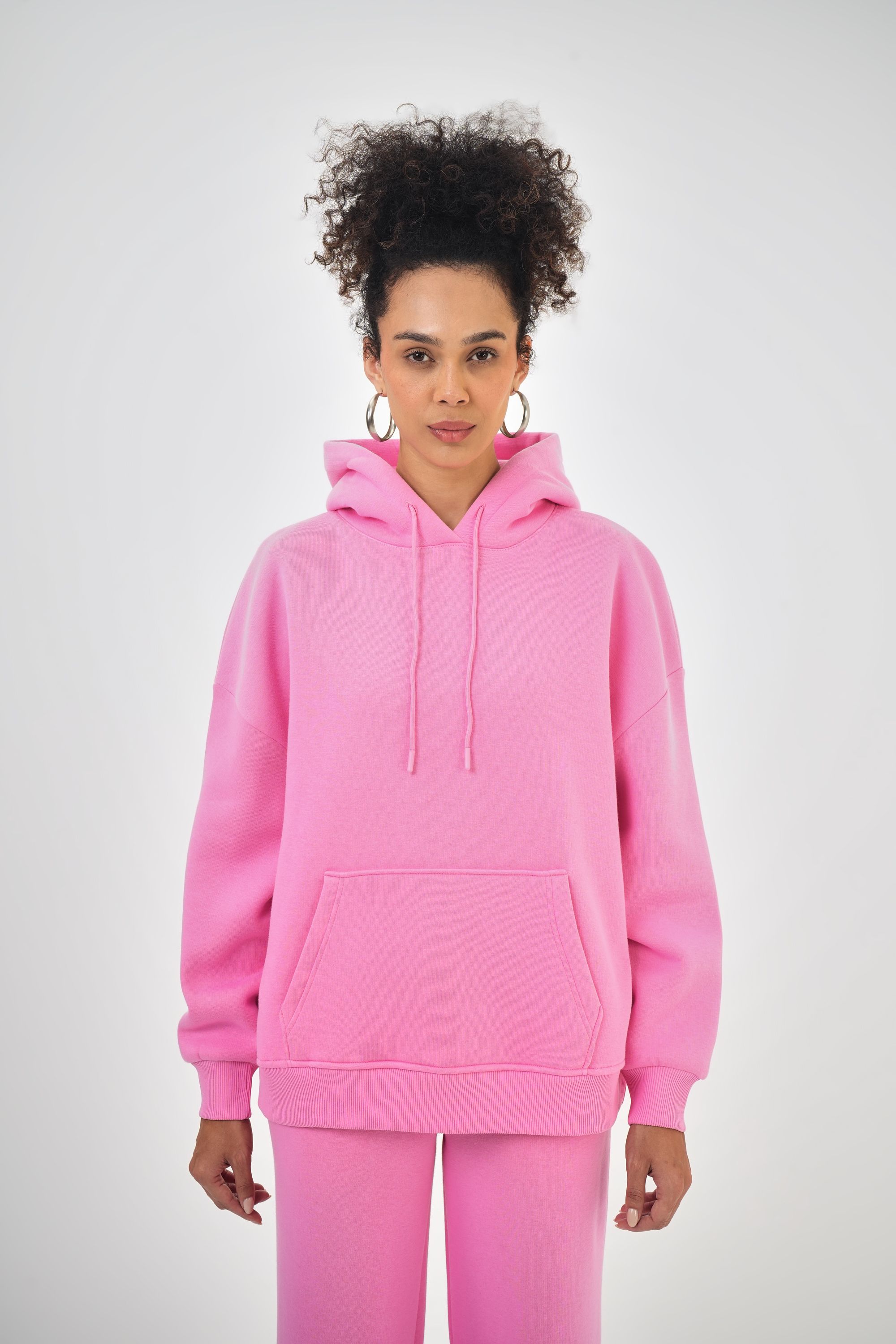 Kadın Kanguru Cepli Kapüşonlu Basic Oversize Hoodie - Pembe