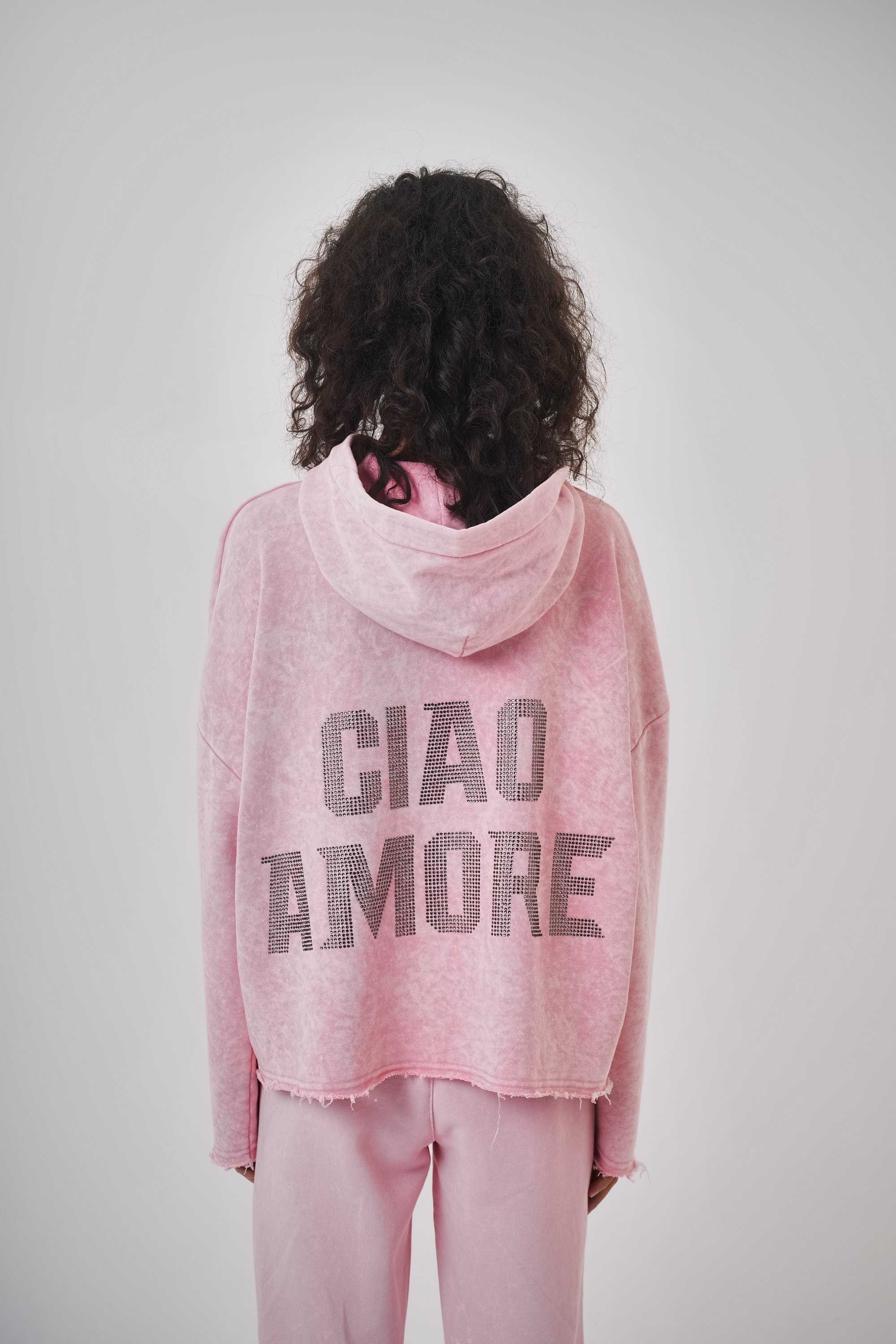 Kadın Yıkamalı Amore Detaylı Hoodie Takım - Pembe