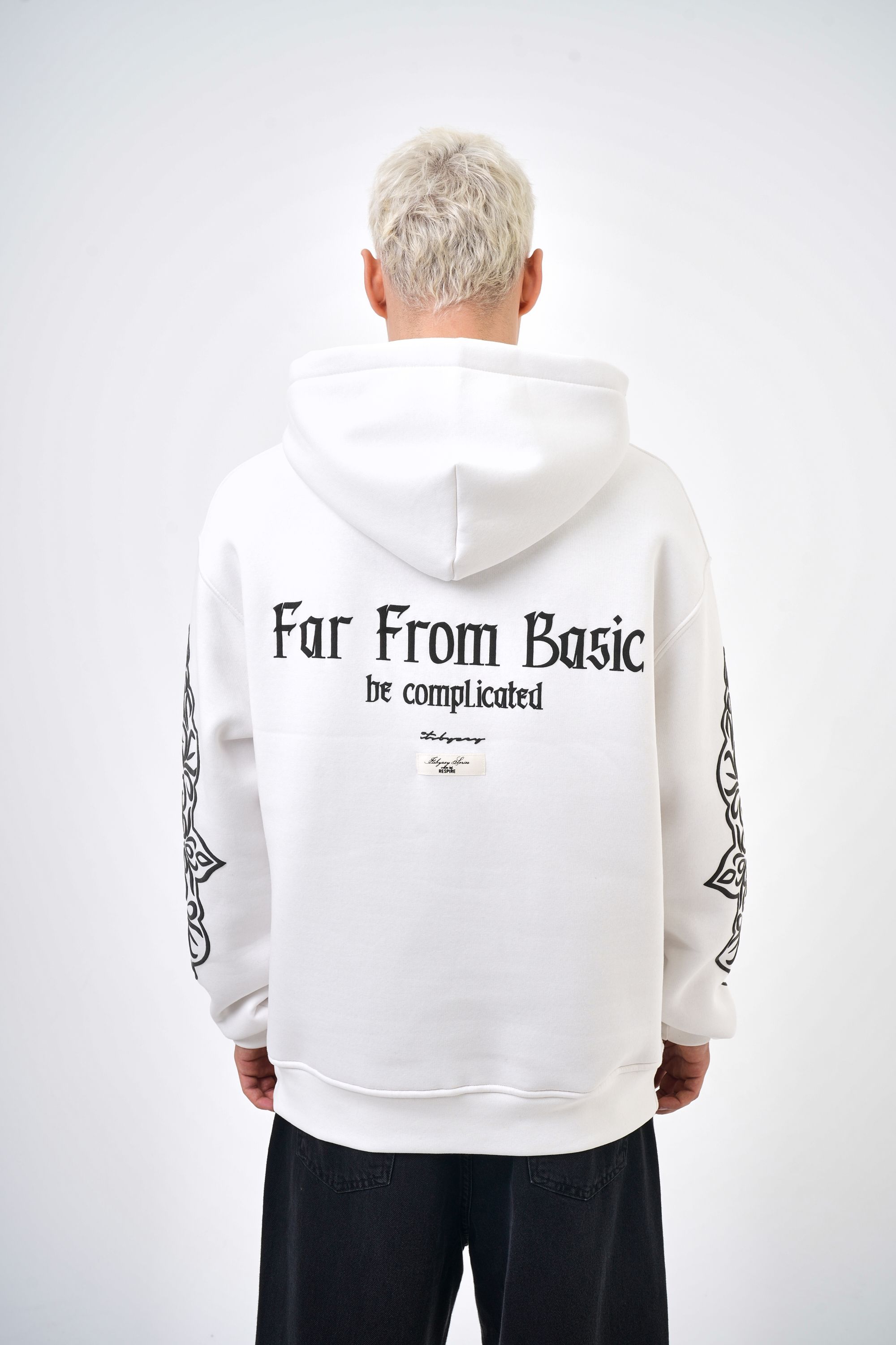 Erkek Oversize Far From Basic Baskılı Kapüşonlu Hoodie - Ekru