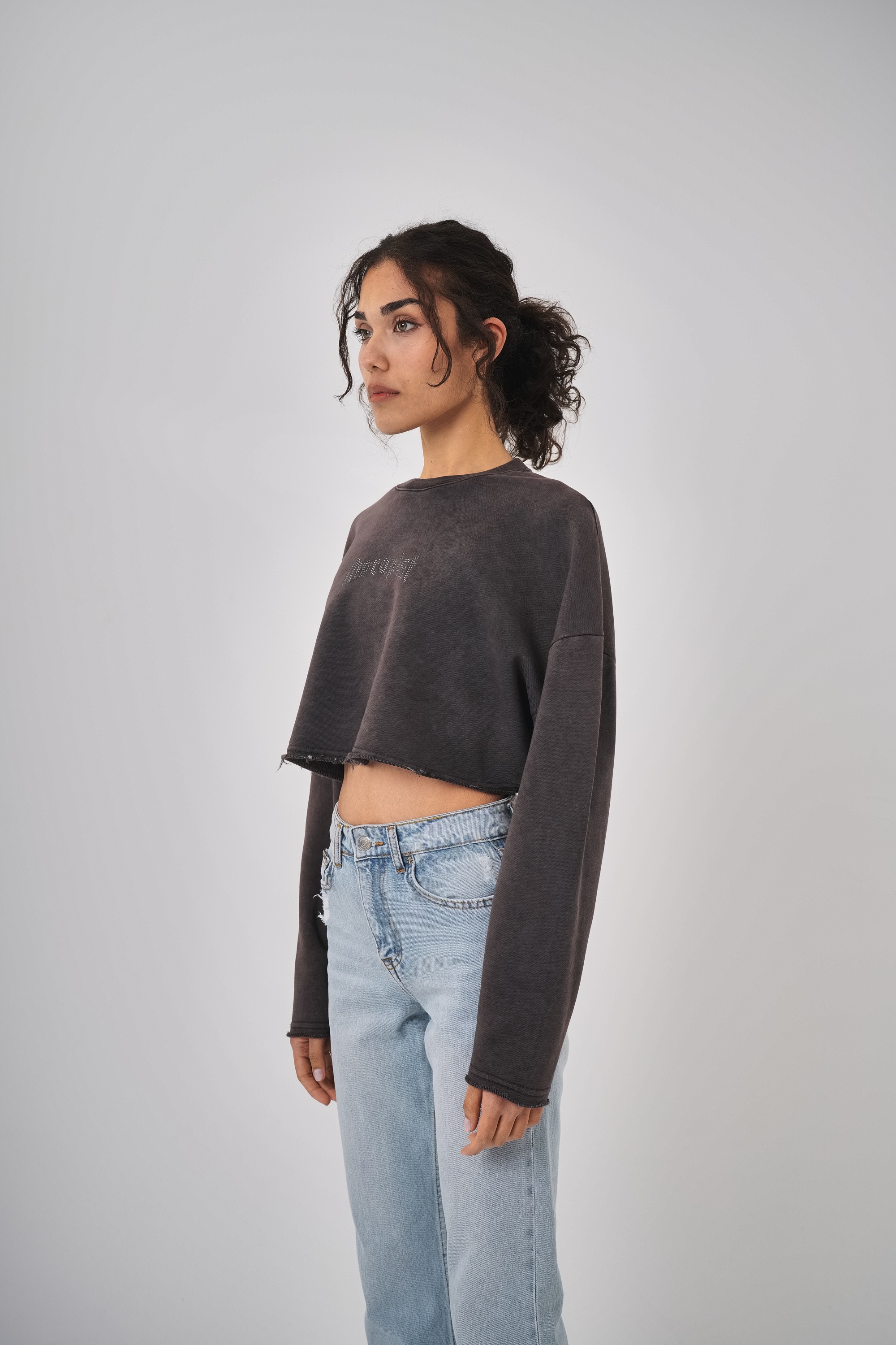 Kadın Yıkamalı Yazılı Taş Detaylı Crop Sweatshirt - Kahverengi