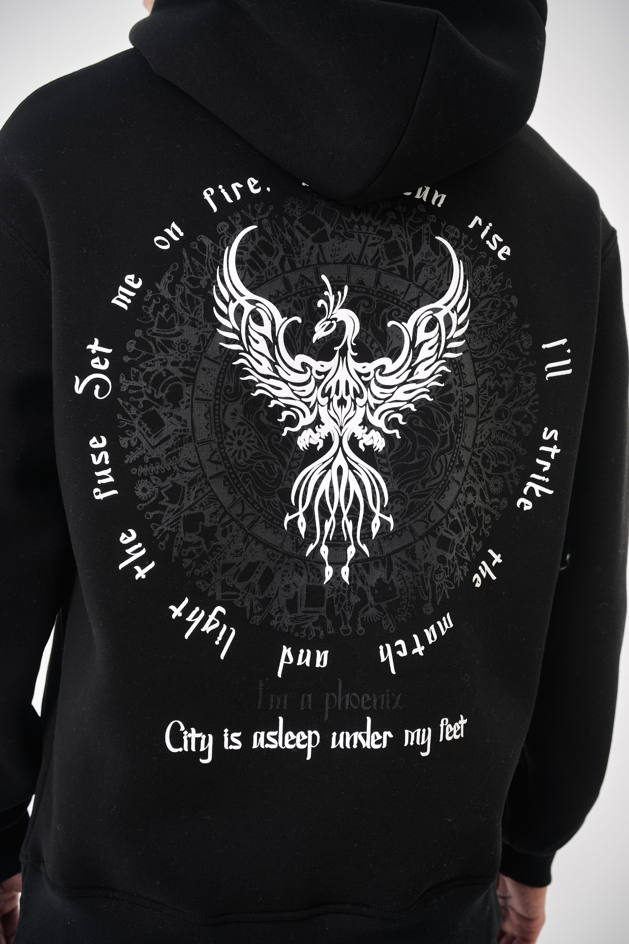 Erkek Phoenix Baskılı Oversize Hoodie - Siyah