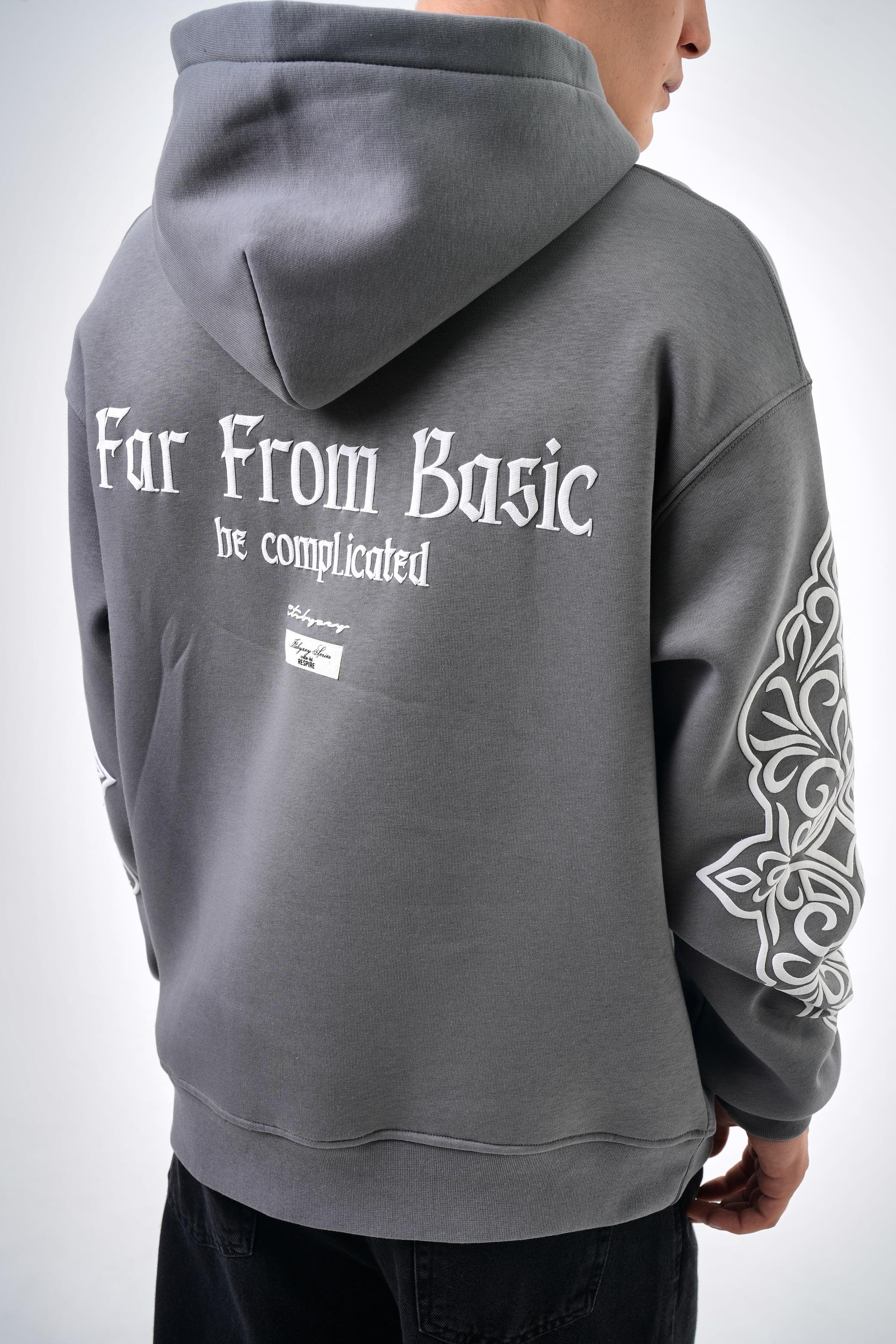 Erkek Oversize Far From Basic Baskılı Kapüşonlu Hoodie - Gri