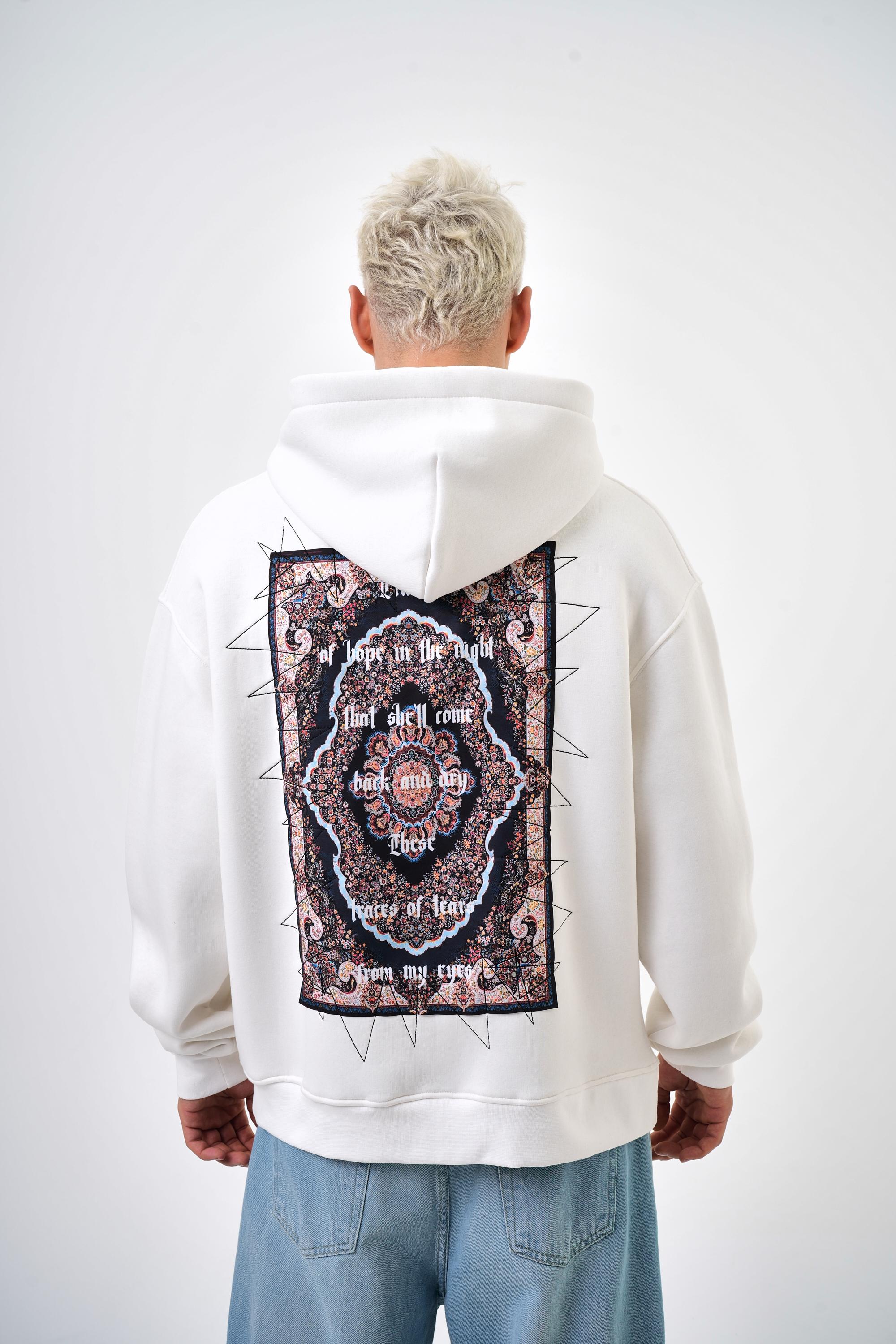 Erkek Oversize Traces Baskılı Hoodie - Ekru