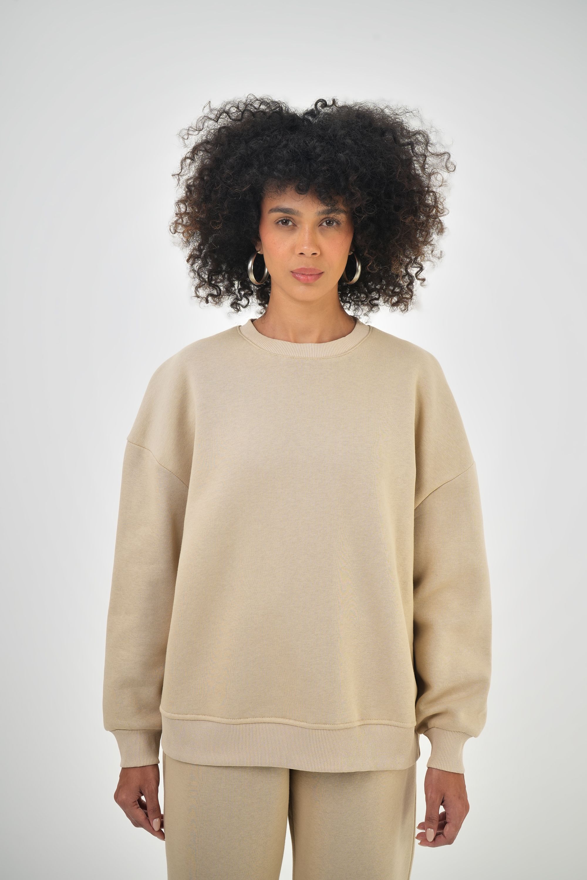 Kadın Ense Etiket Detaylı Oversize Basic Sweatshirt - Bej