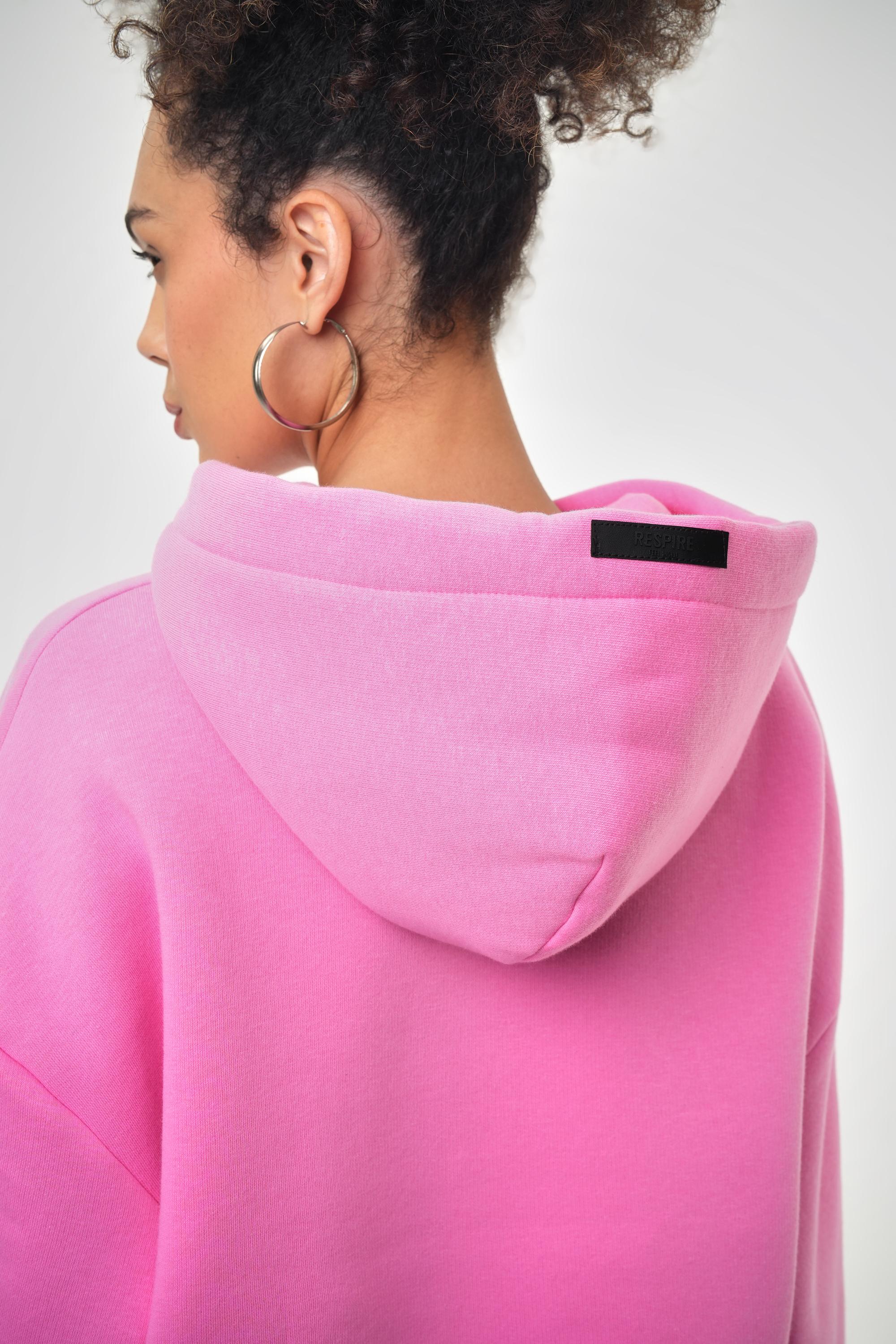 Kadın Kapüşonlu Bağcık Detaylı Oversize Basic Crop Hoodie - Pembe