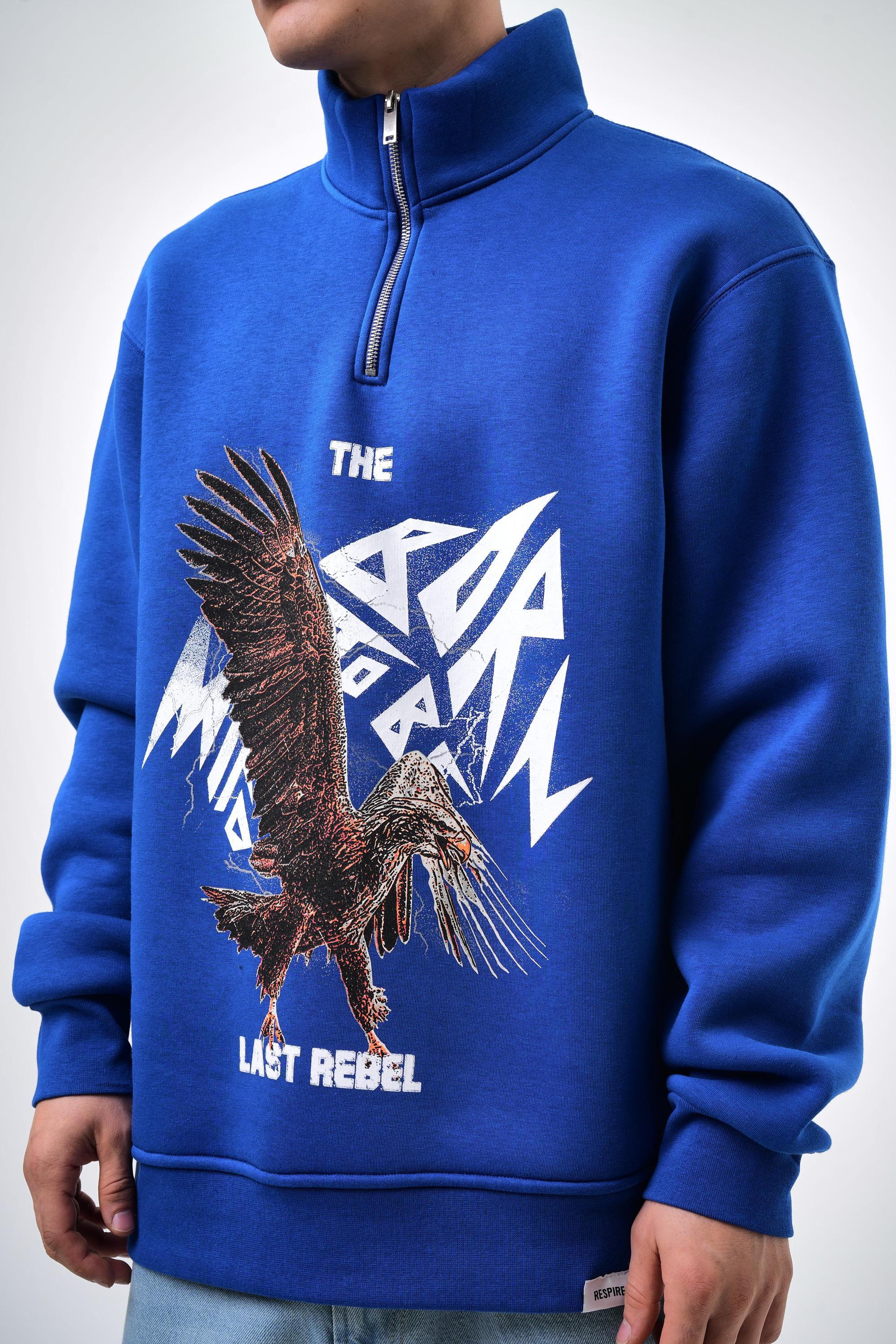 Erkek Oversize The Last Rebel Baskılı Yarım Fermuarlı  Sweatshirt - Saks