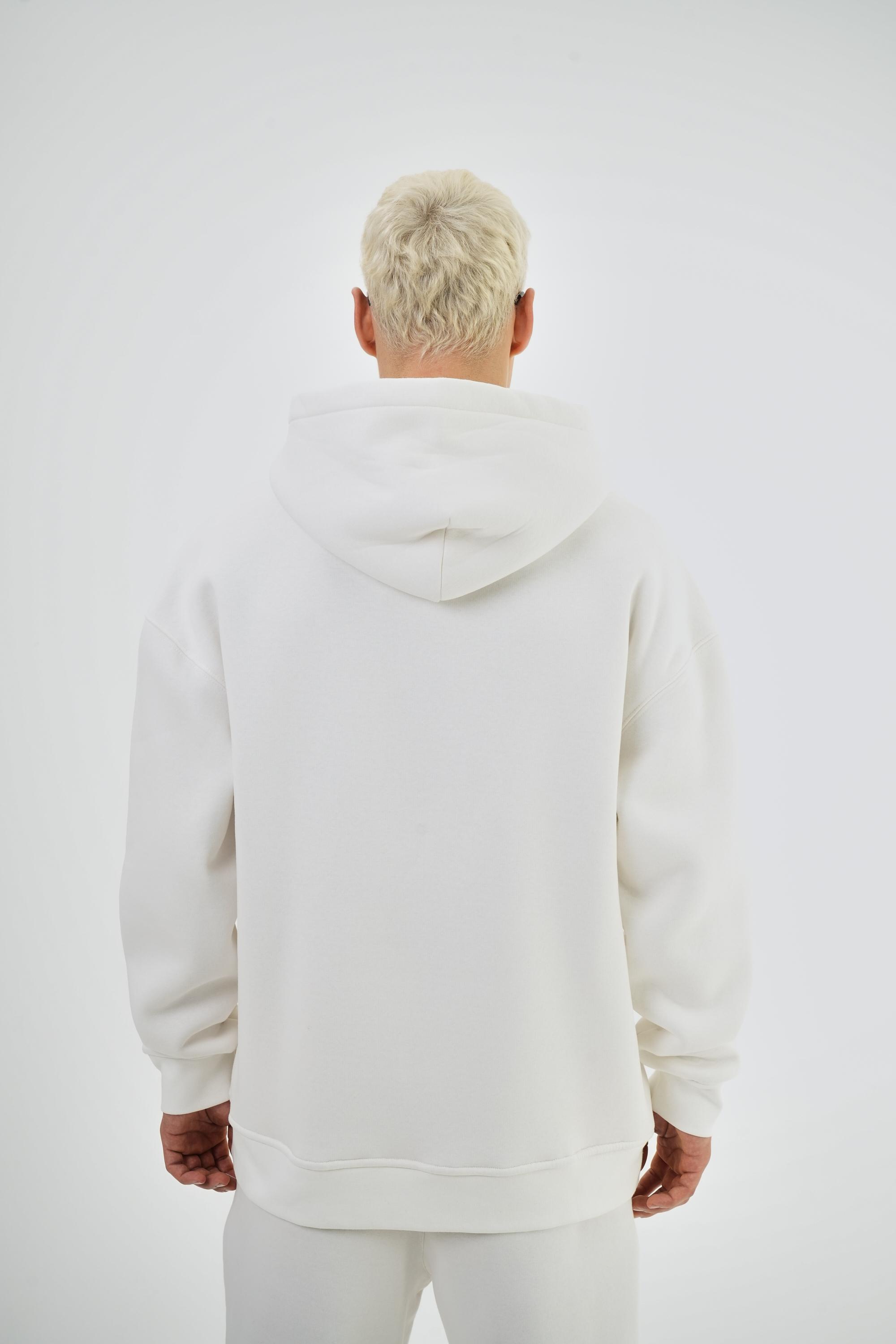 Erkek Oversize Basic Hoodie - Ekru