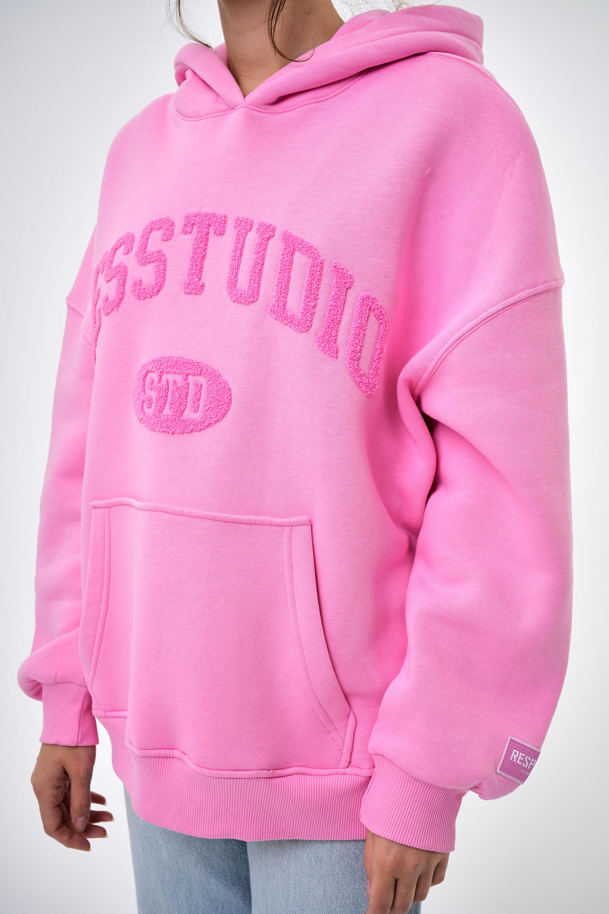 Kadın Res Studio Yazılı Kanguru Cepli Kapüşonlu Oversize Hoodie - Pembe