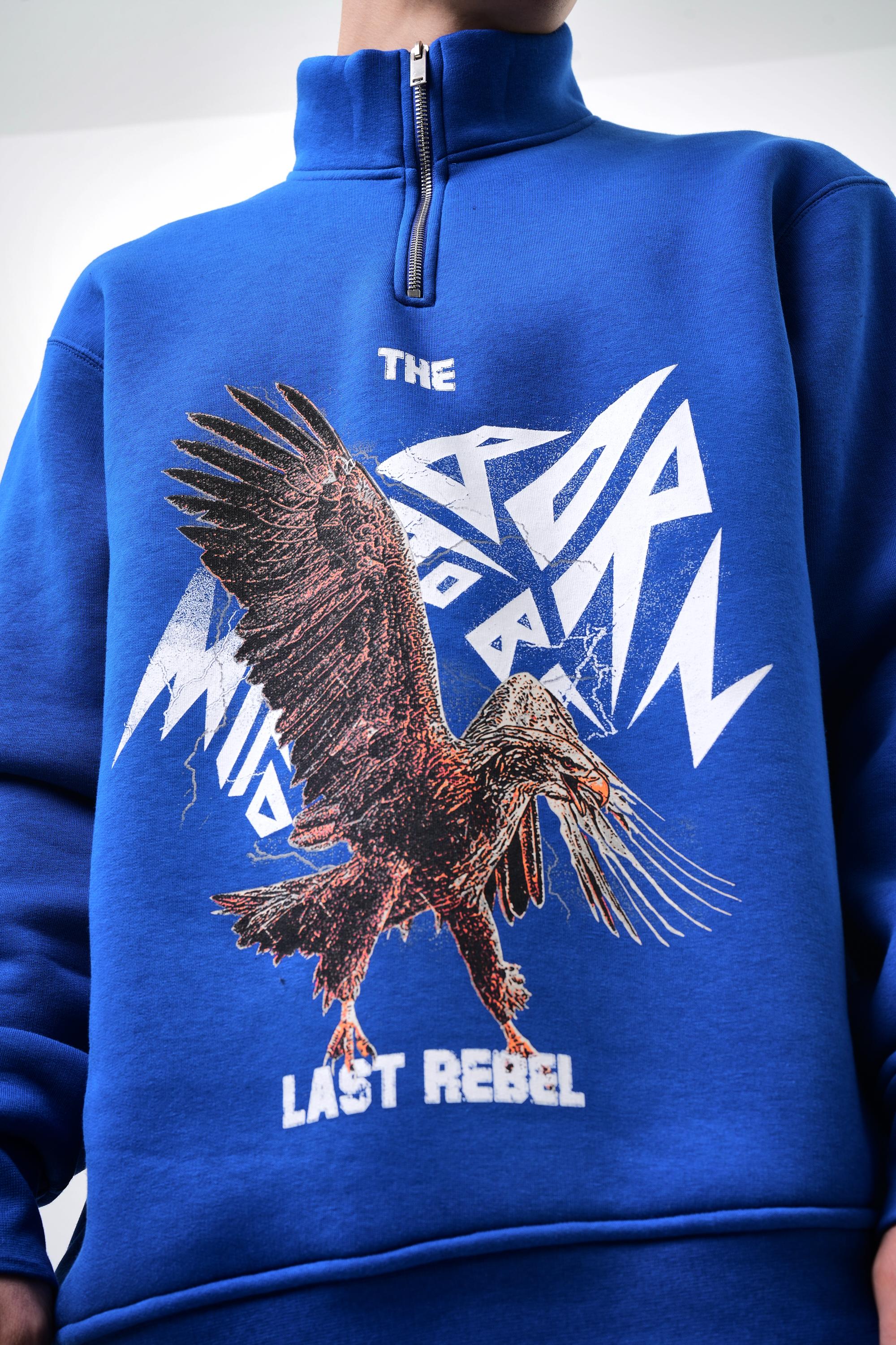 Erkek Oversize The Last Rebel Baskılı Yarım Fermuarlı  Sweatshirt - Saks