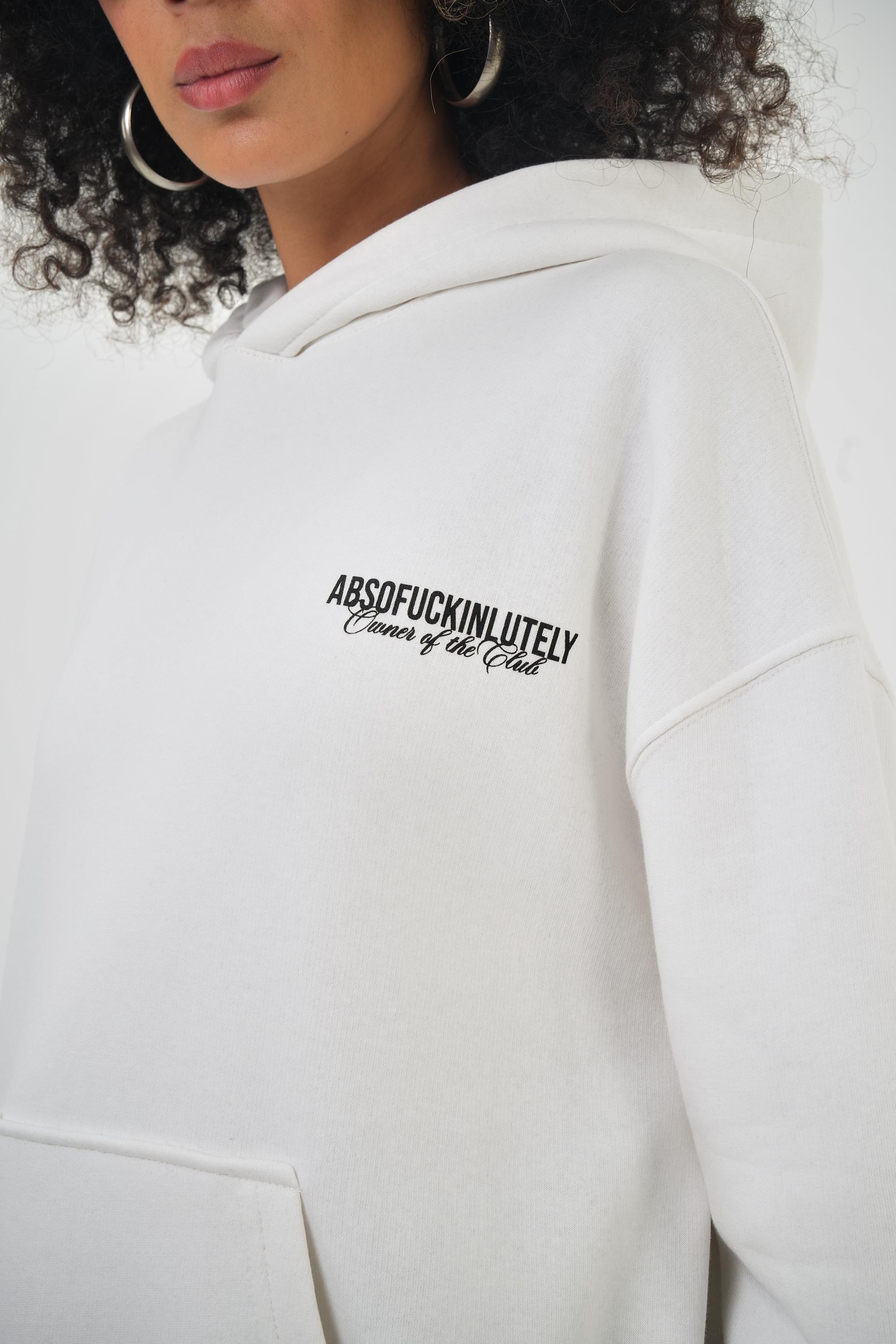 Kadın Oversize Absofuckinlutely Baskılı Kapüşonlu Hoodie  - Ekru