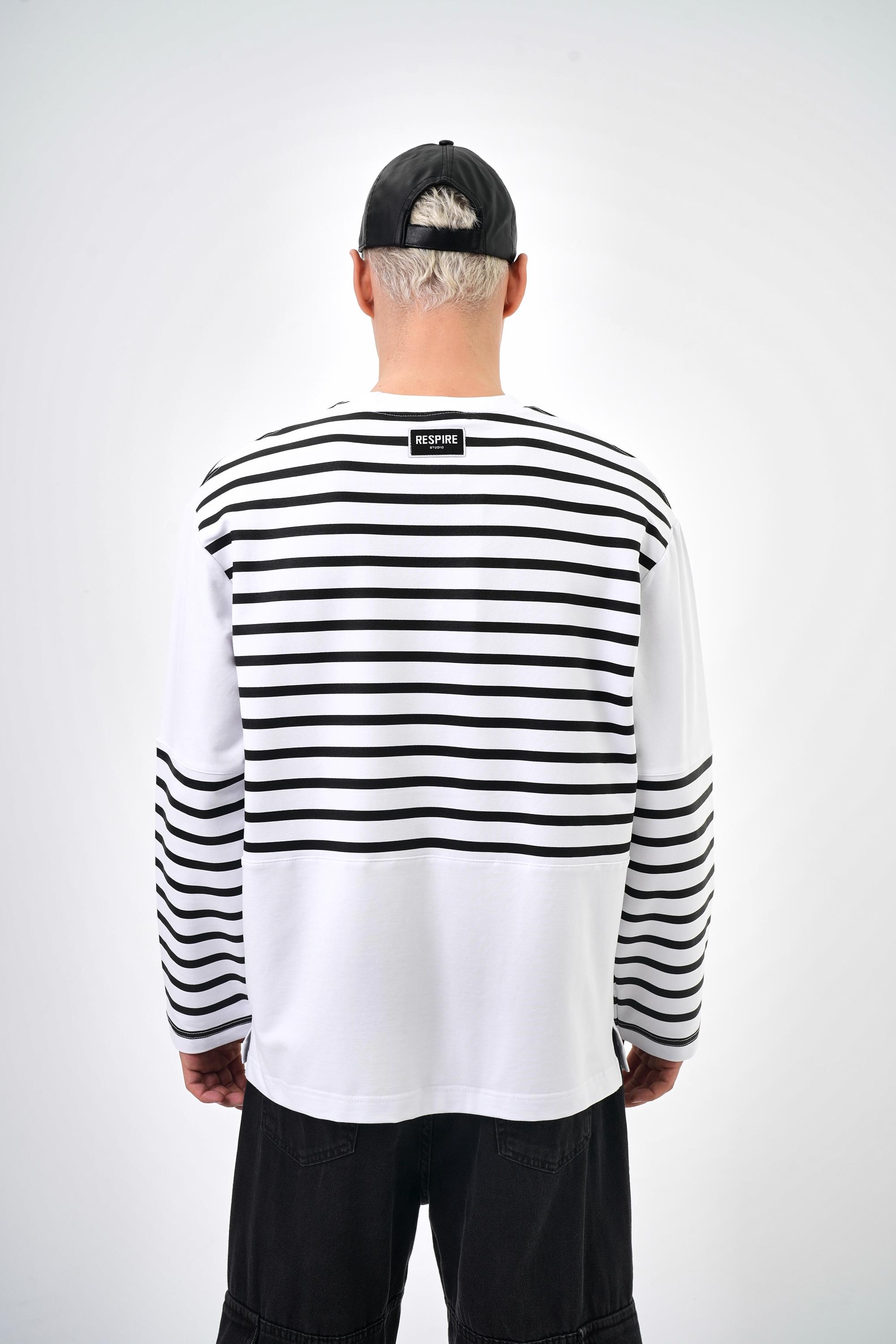 Erkek Overisize Çizgili Striped Sweatshirt   - Beyaz