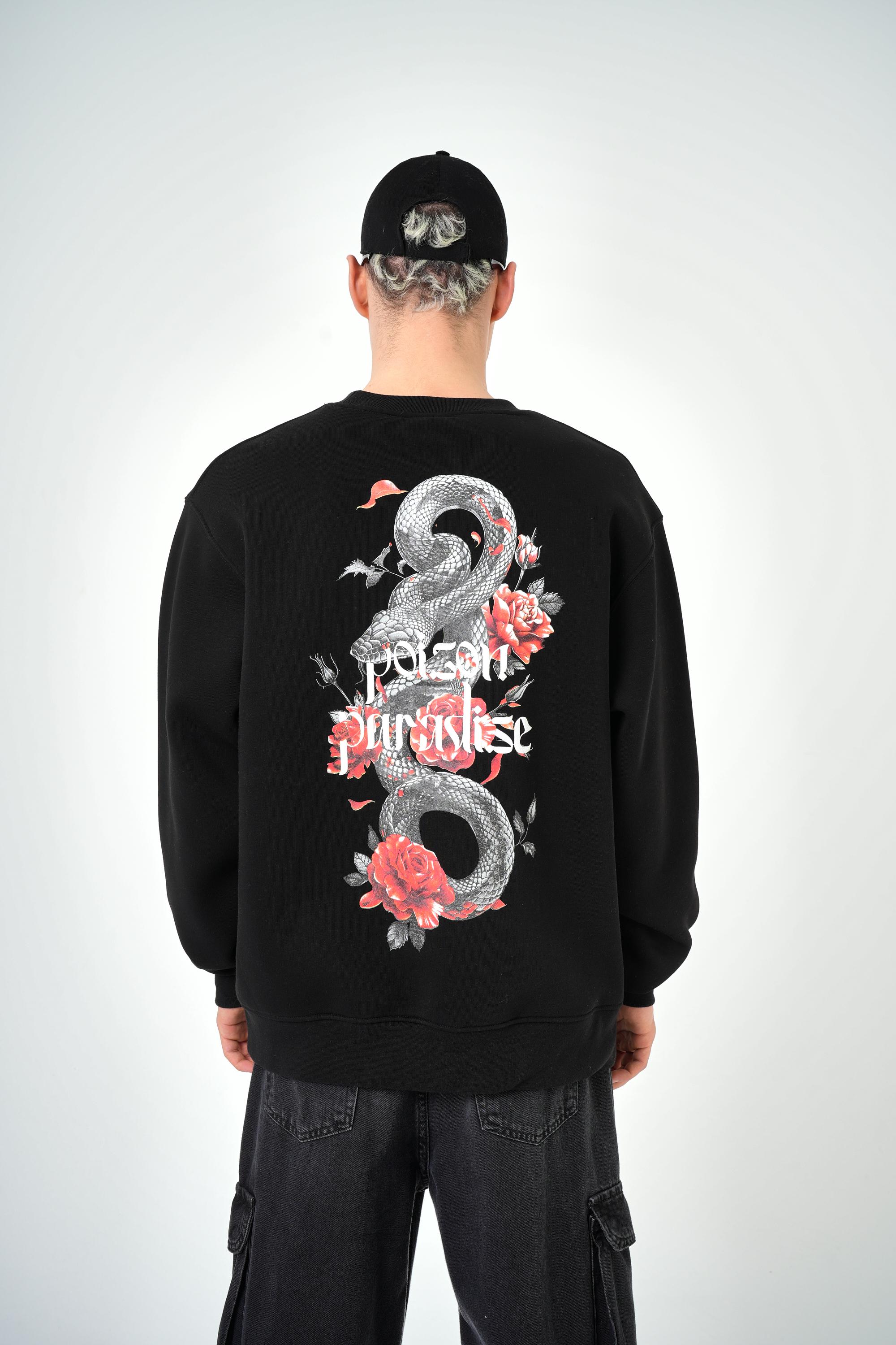 Erkek Poison Paradise Yazılı Oversize Sweatshirt - Siyah