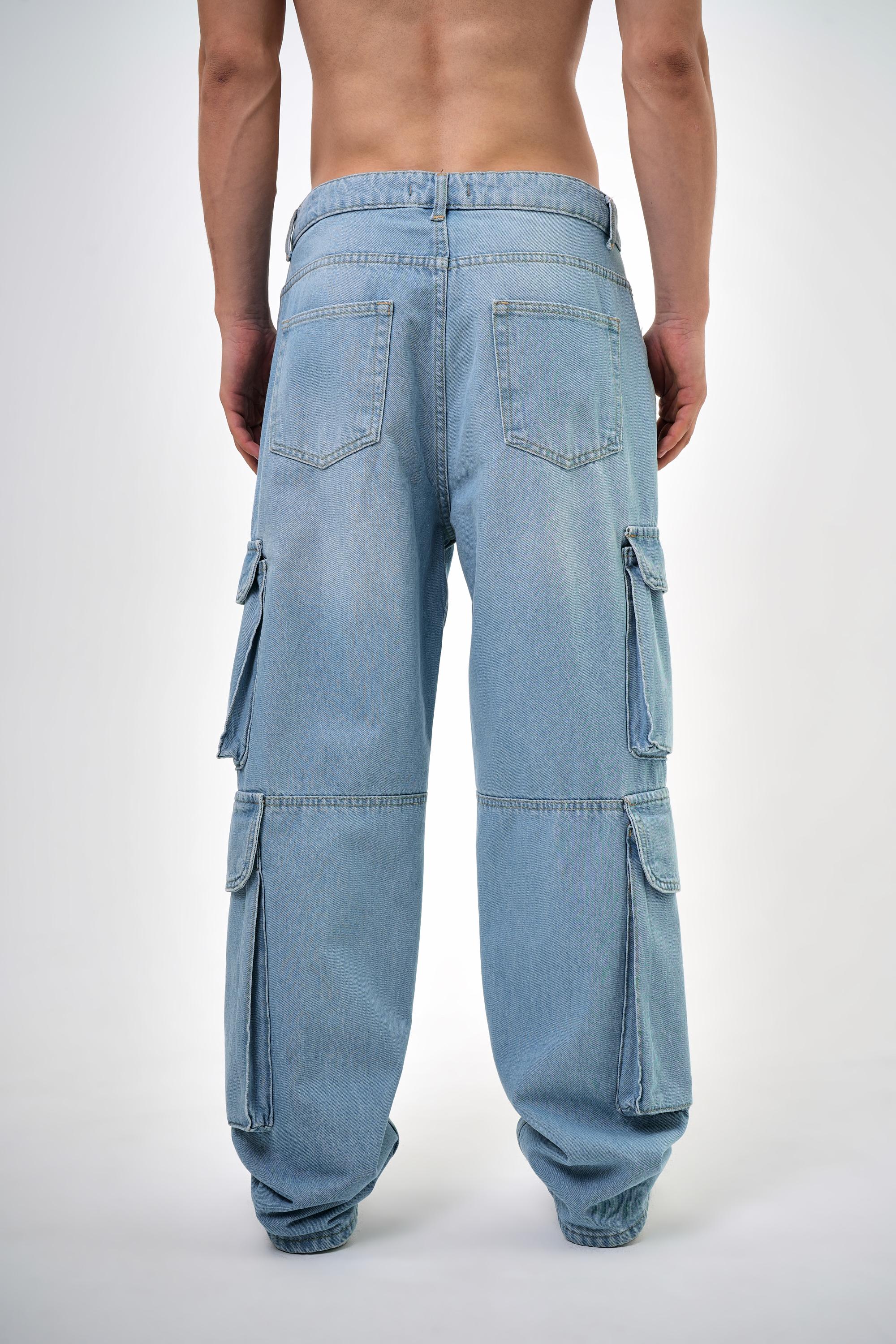 Erkek Washed Kargo Baggy Pantolon - Mavi