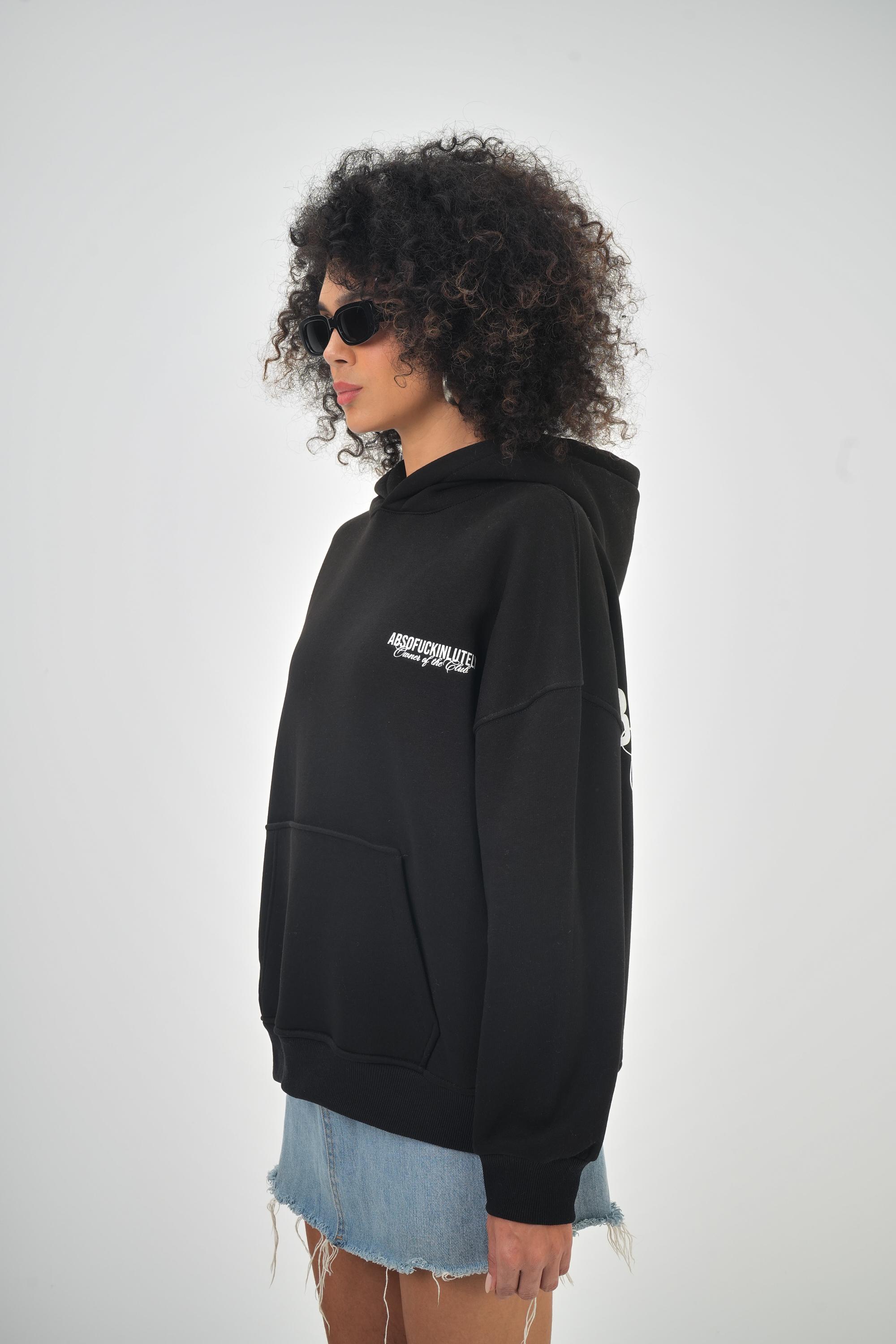 Kadın Oversize Absofuckinlutely Baskılı Kapüşonlu Hoodie  - Siyah