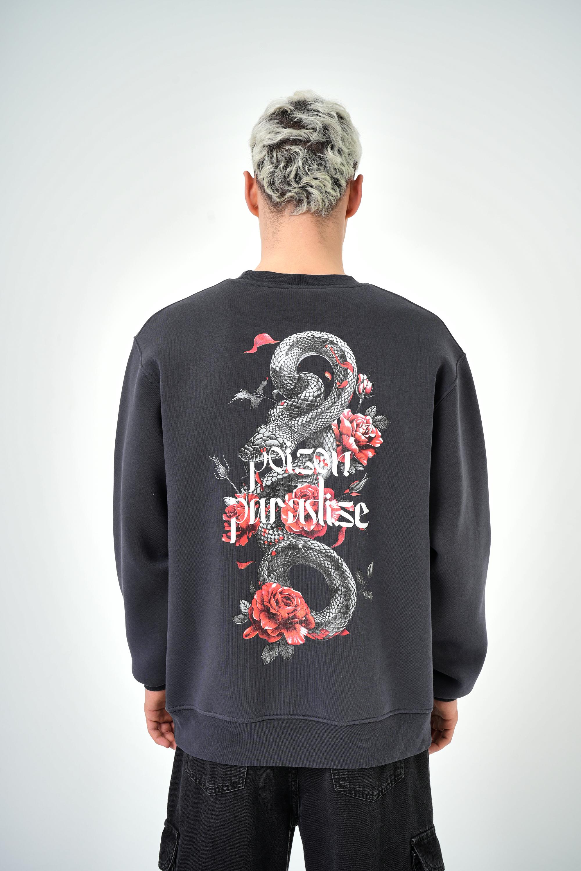 Erkek Poison Paradise Yazılı Oversize Sweatshirt - Füme